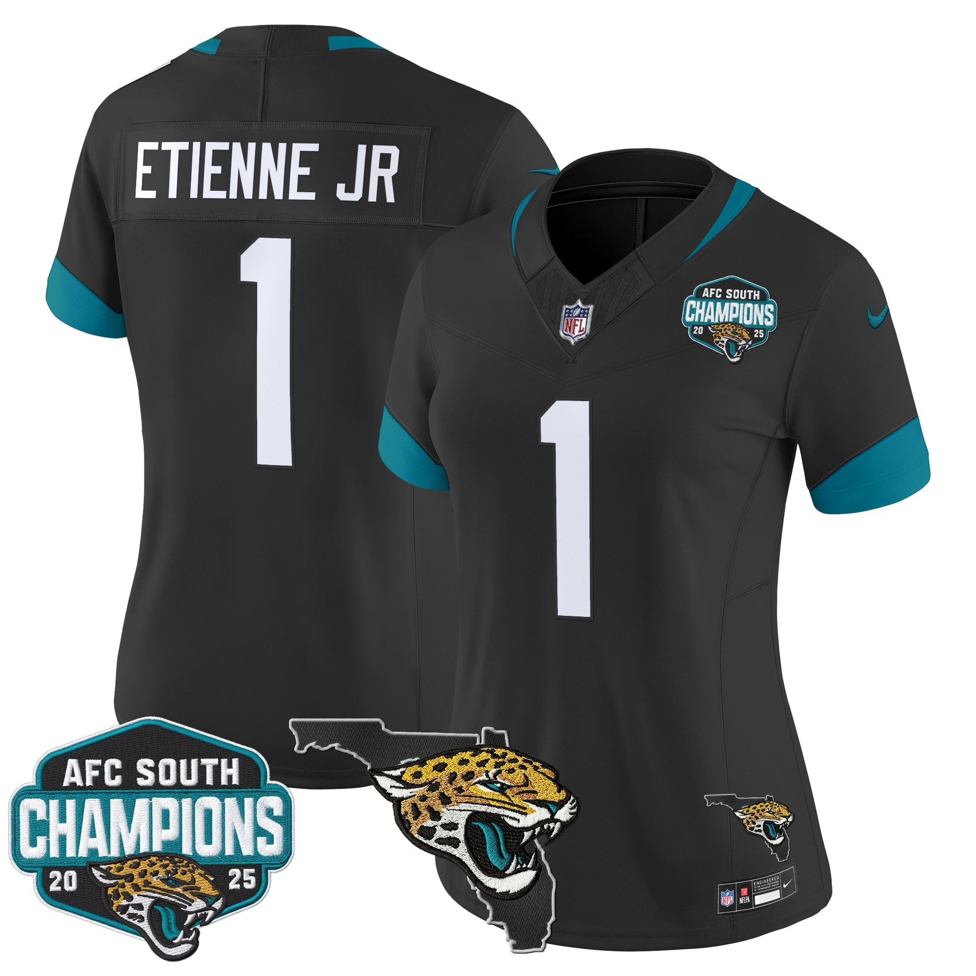 Women's Jacksonville Jaguars 2025 AFC South Division Champions & Florida Patch Vapor Jersey - All Stitched
