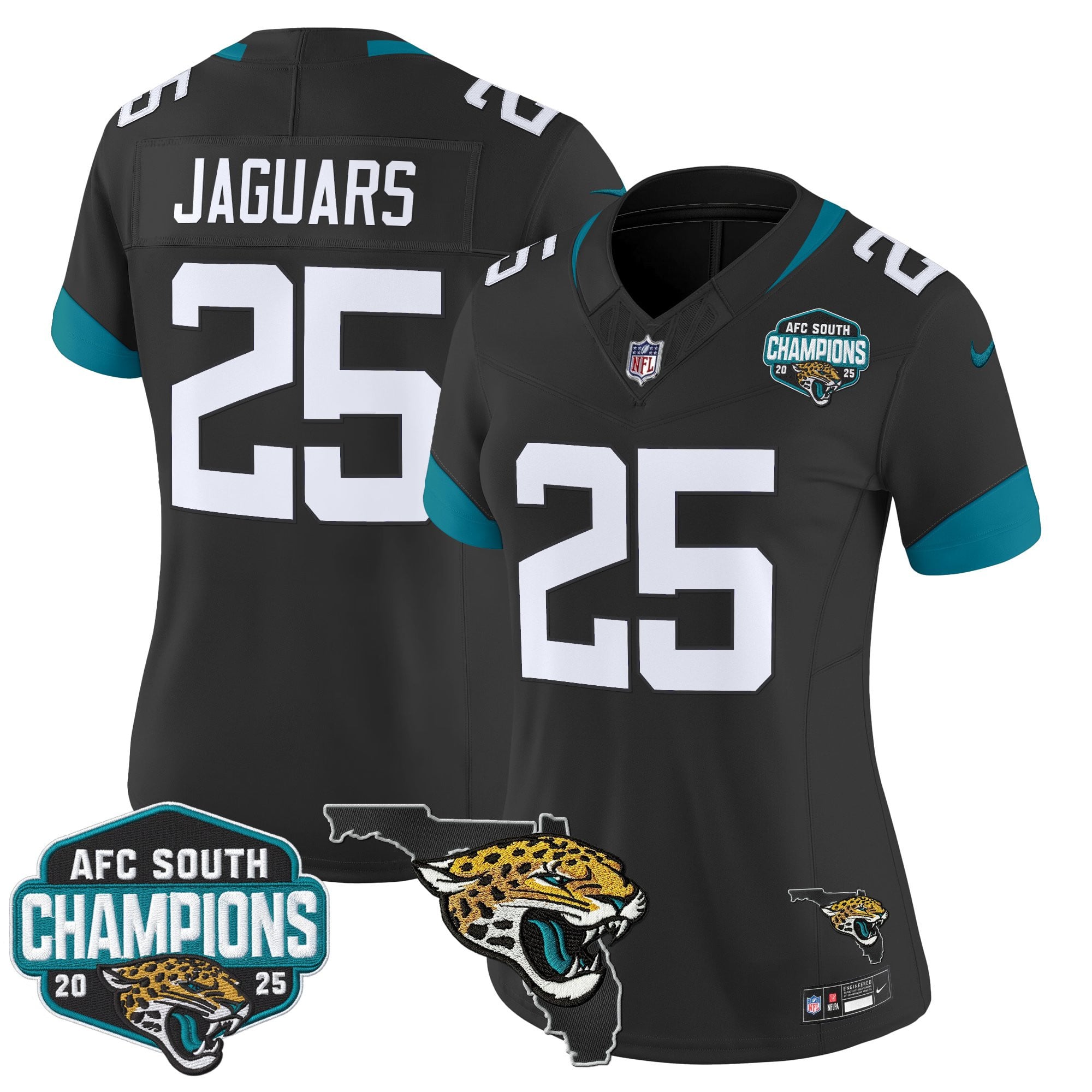 Women's Jacksonville Jaguars 2025 AFC South Division Champions & Florida Patch Vapor Jersey - All Stitched