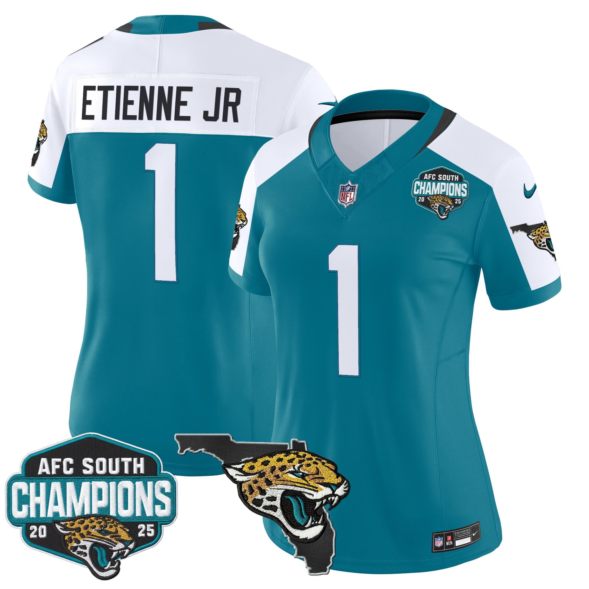 Women's Jacksonville Jaguars 2025 AFC South Division Champions & Florida Patch Vapor Jersey - All Stitched