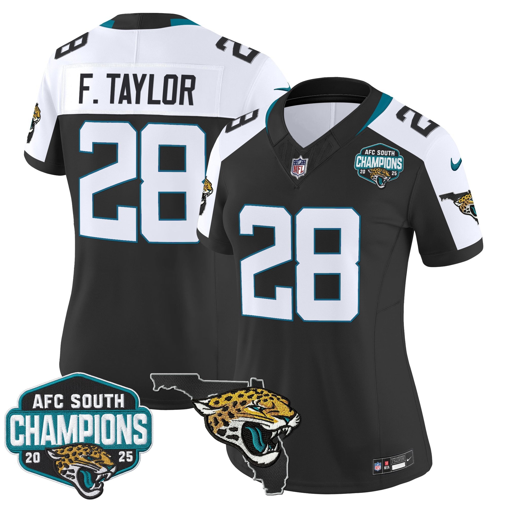 Women's Jacksonville Jaguars 2025 AFC South Division Champions & Florida Patch Vapor Jersey - All Stitched