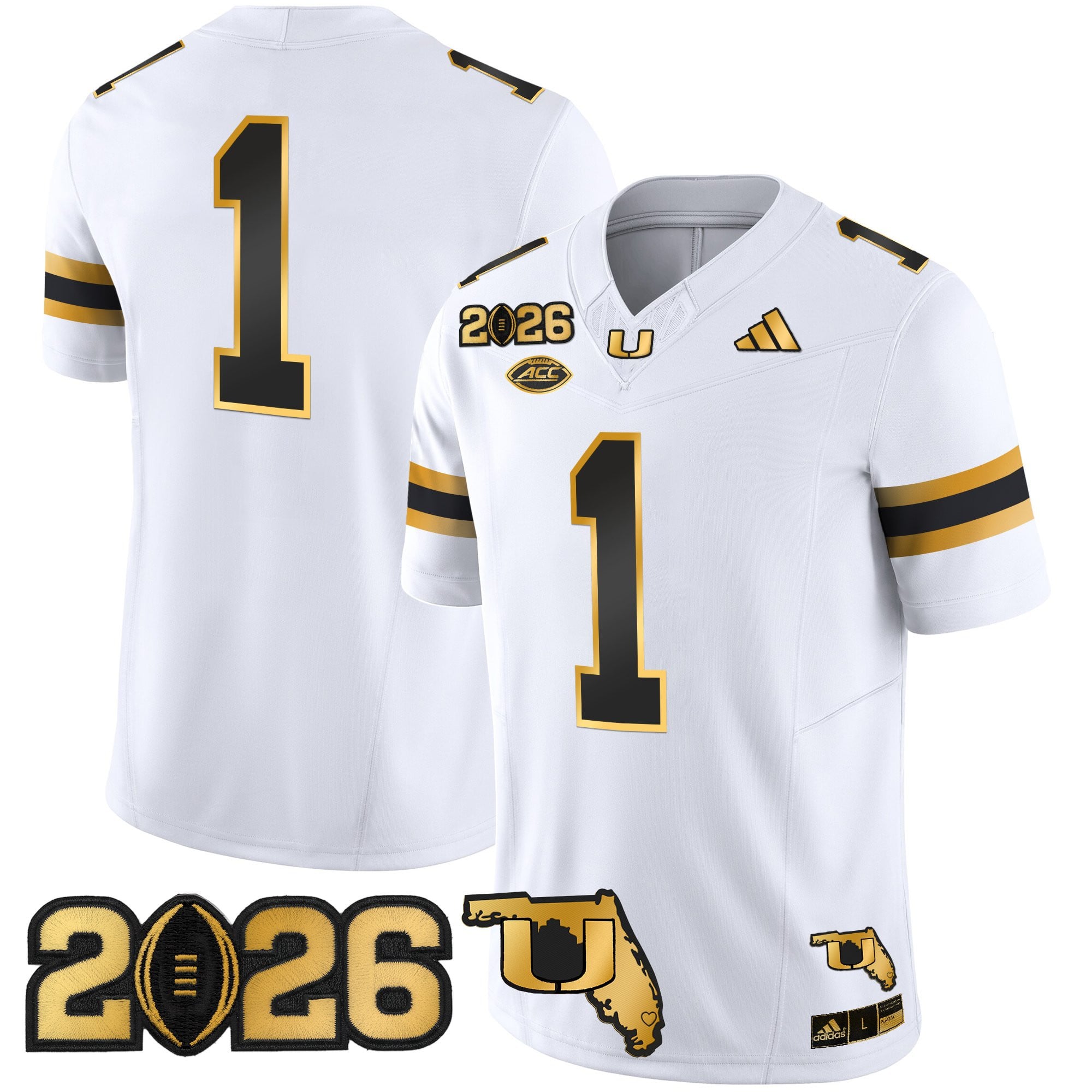 Men's Miami Hurricanes 2026 CFP Final & Florida Patch Gold Vapor Limited Jersey - All Stitched