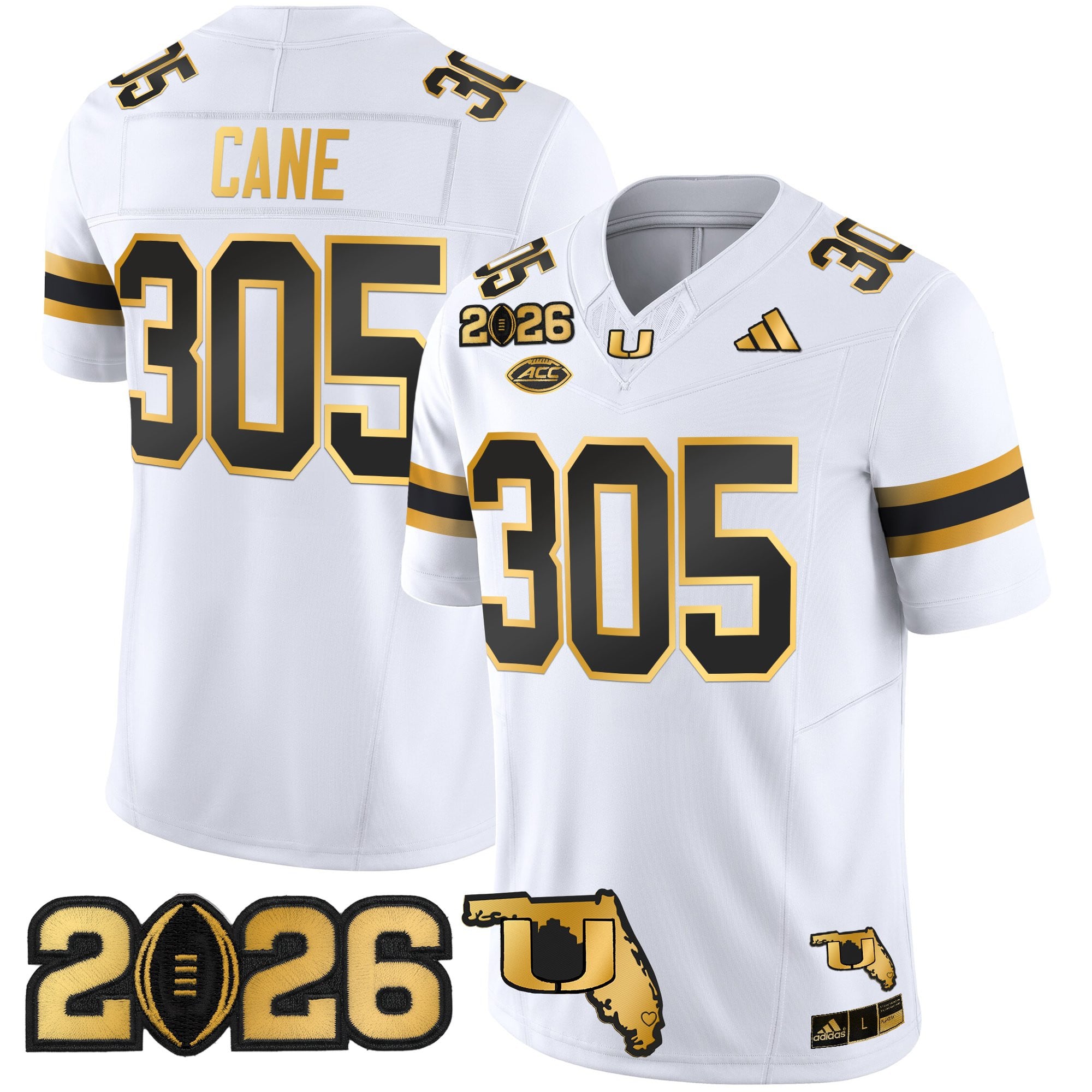Men's Miami Hurricanes 2026 CFP Final & Florida Patch Gold Vapor Limited Jersey - All Stitched