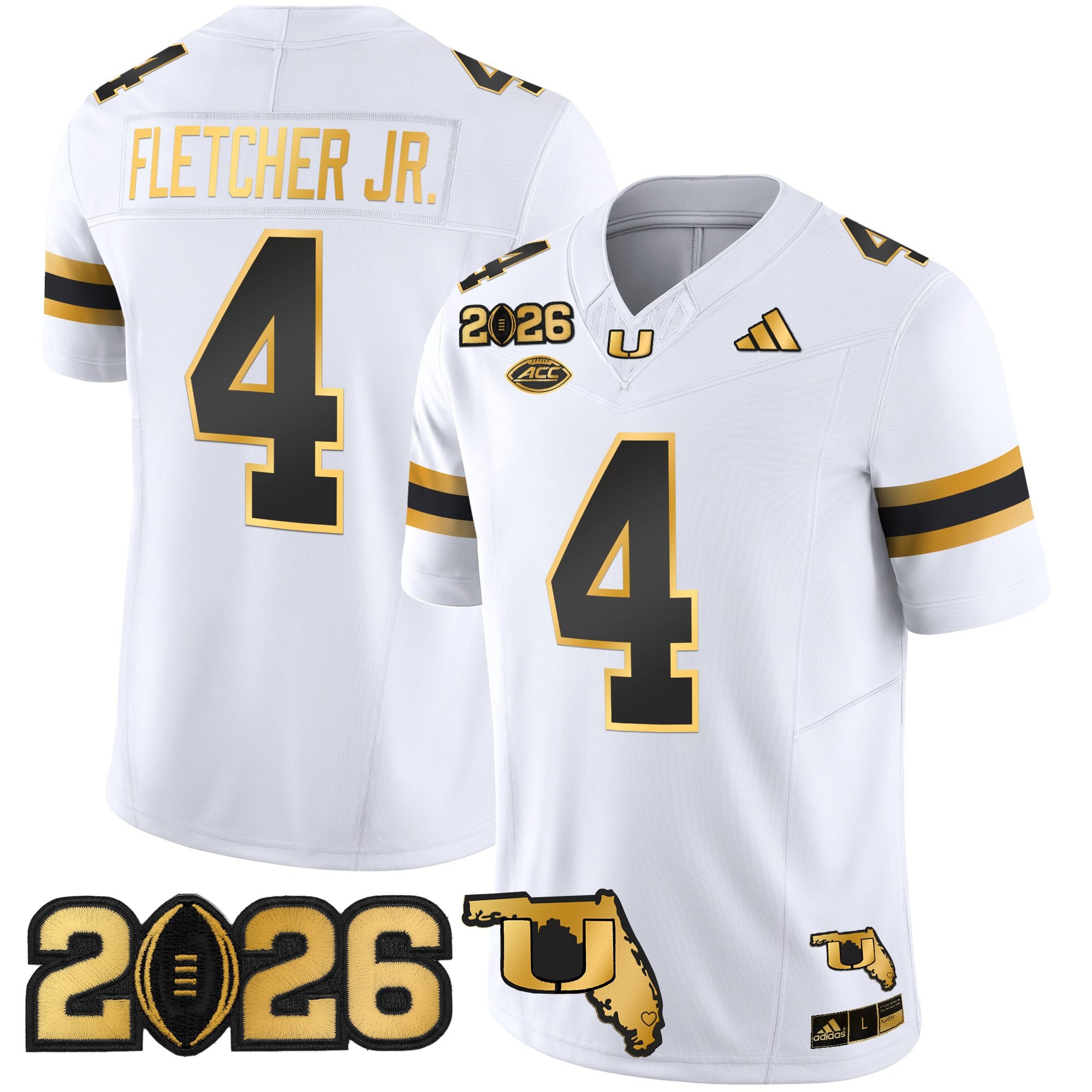 Men's Miami Hurricanes 2026 CFP Final & Florida Patch Gold Vapor Limited Jersey - All Stitched