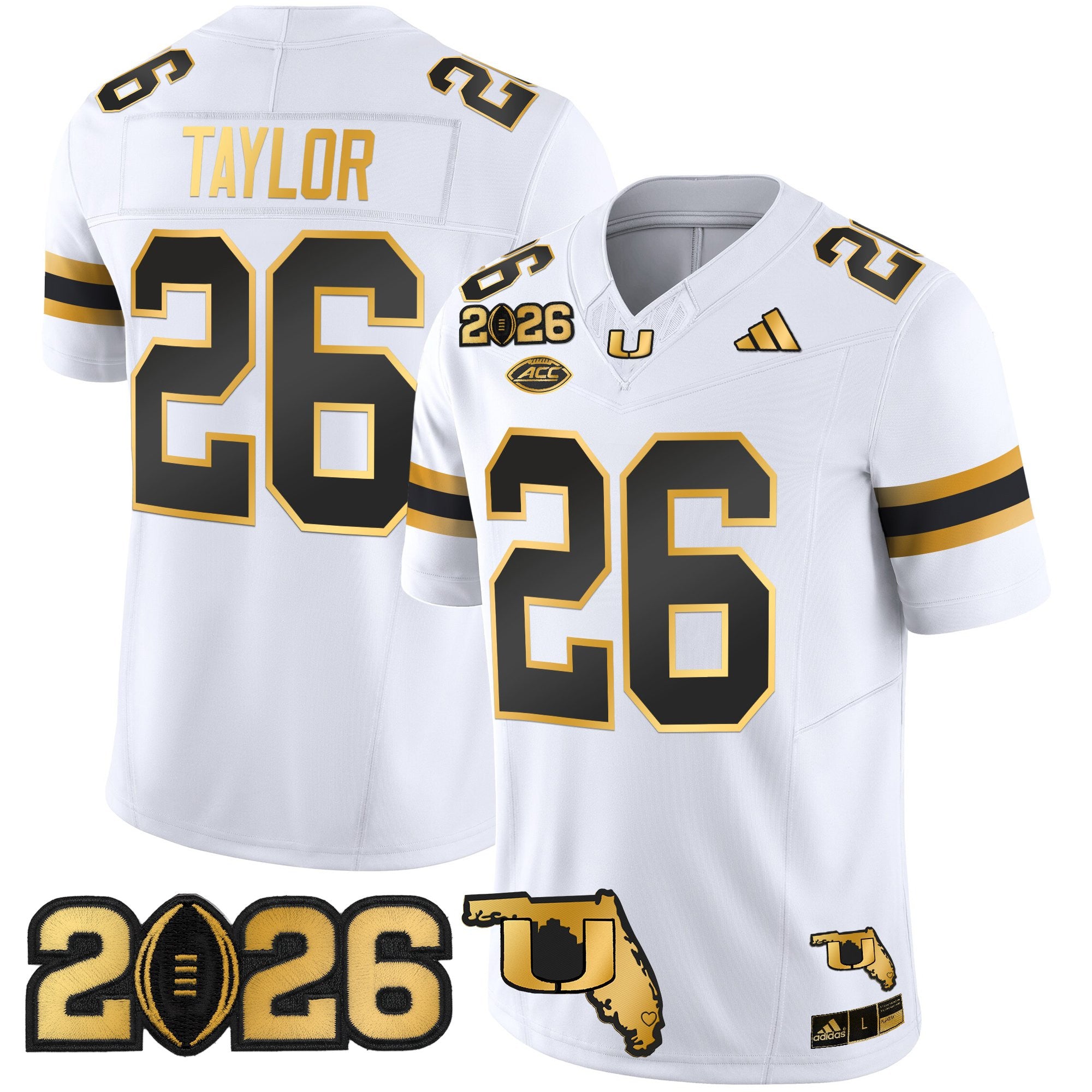 Men's Miami Hurricanes 2026 CFP Final & Florida Patch Gold Vapor Limited Jersey - All Stitched