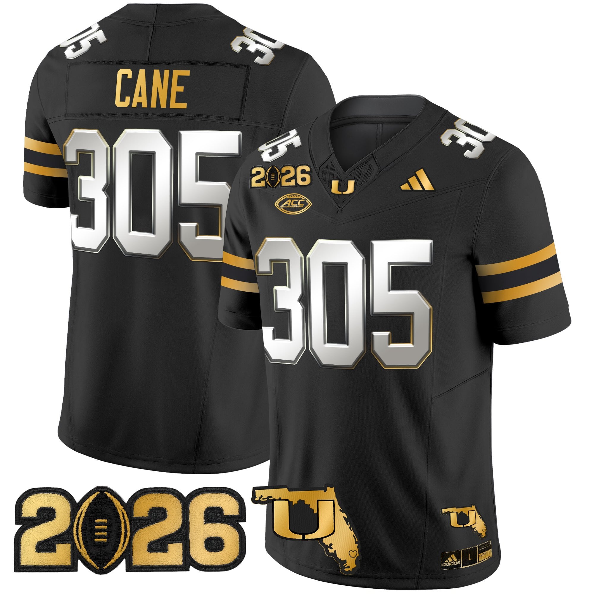 Men's Miami Hurricanes 2026 CFP Final & Florida Patch Gold Vapor Limited Jersey - All Stitched