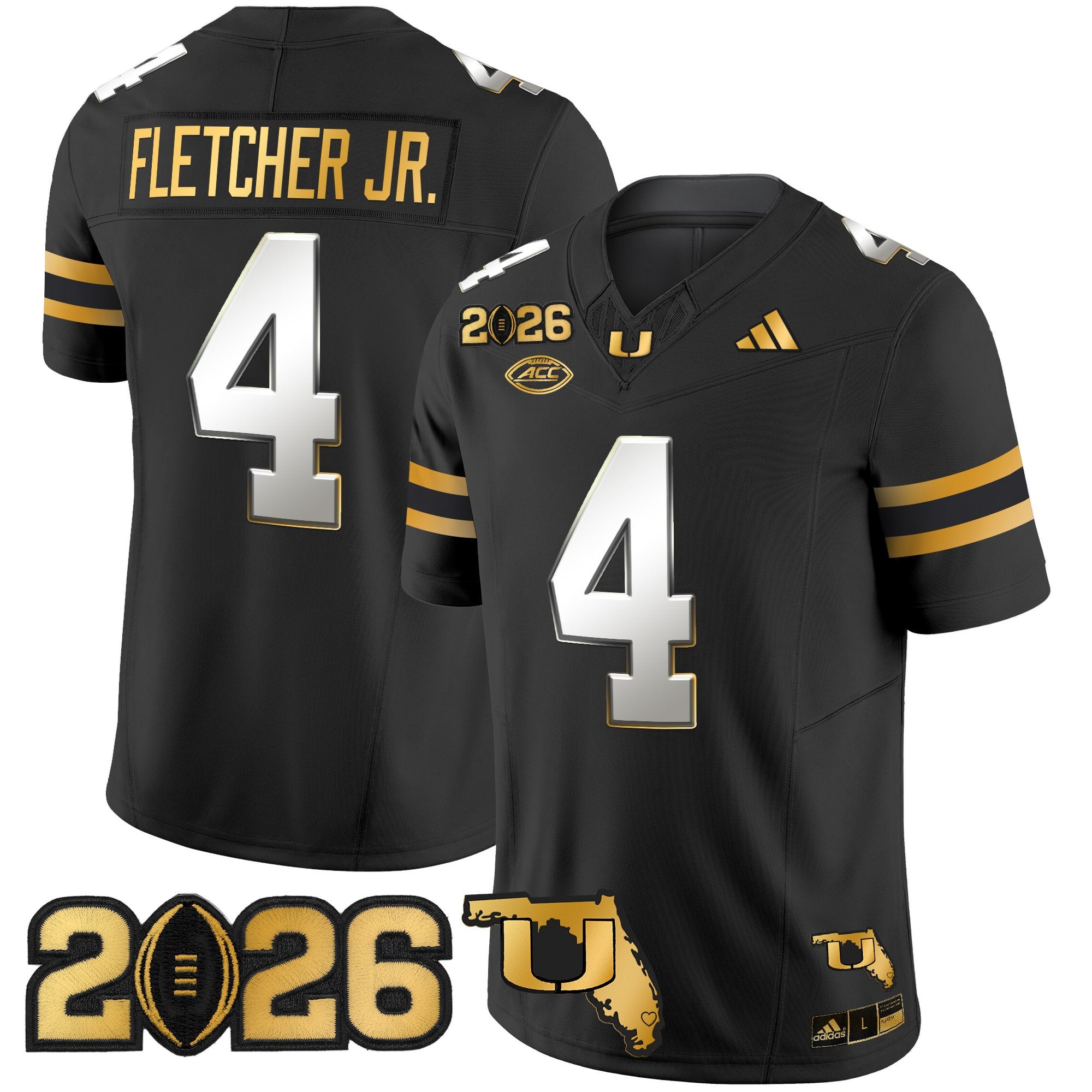 Men's Miami Hurricanes 2026 CFP Final & Florida Patch Gold Vapor Limited Jersey - All Stitched