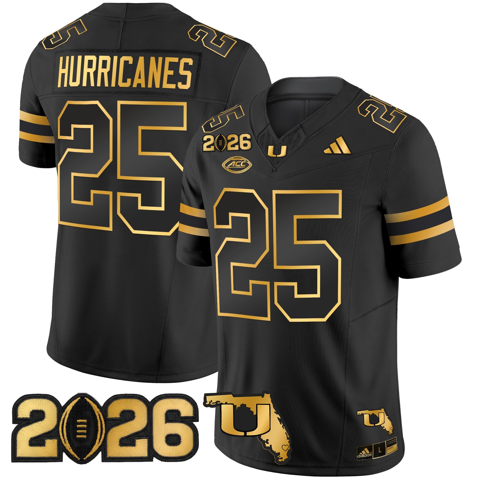 Men's Miami Hurricanes 2026 CFP Final & Florida Patch Gold Vapor Limited Jersey - All Stitched
