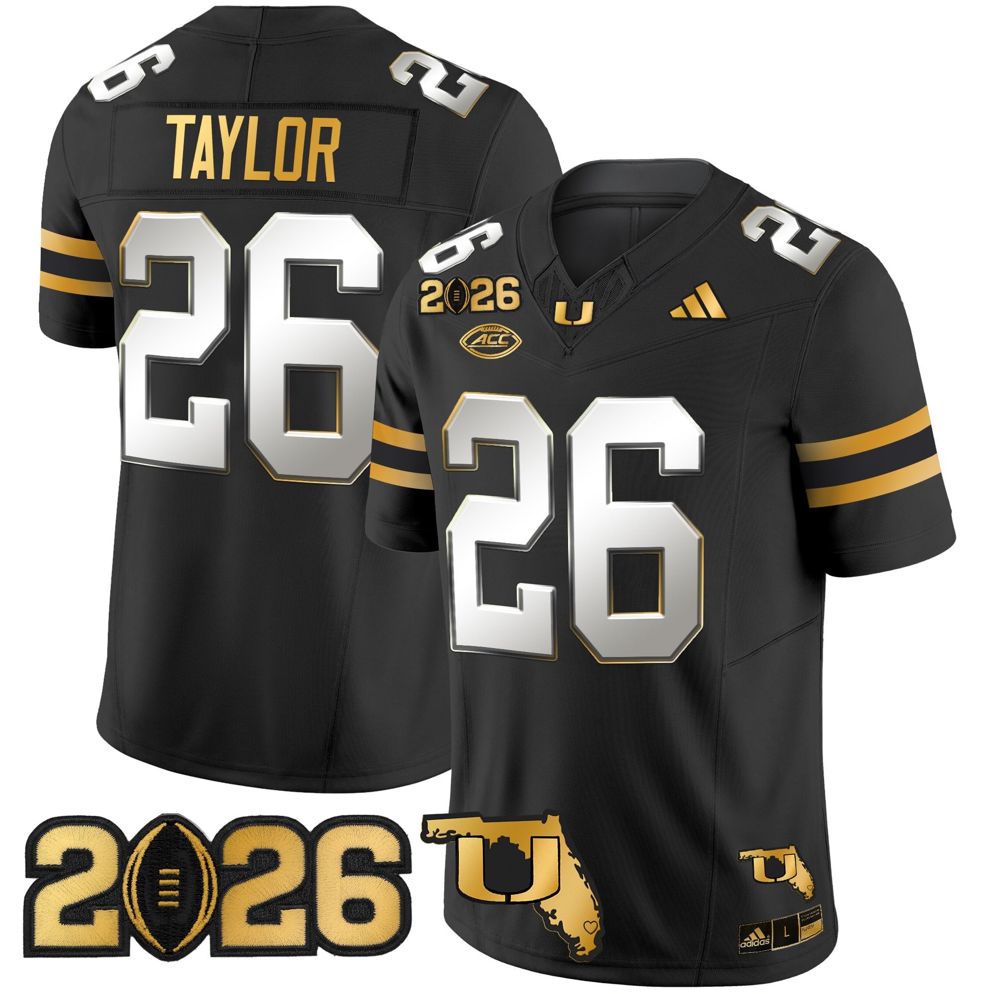 Men's Miami Hurricanes 2026 CFP Final & Florida Patch Gold Vapor Limited Jersey - All Stitched