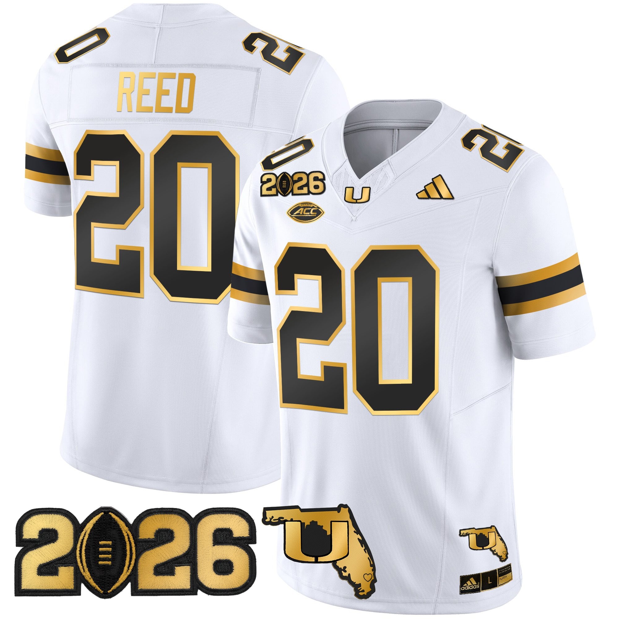Men's Miami Hurricanes 2026 CFP Final & Florida Patch Gold Vapor Limited Jersey - All Stitched