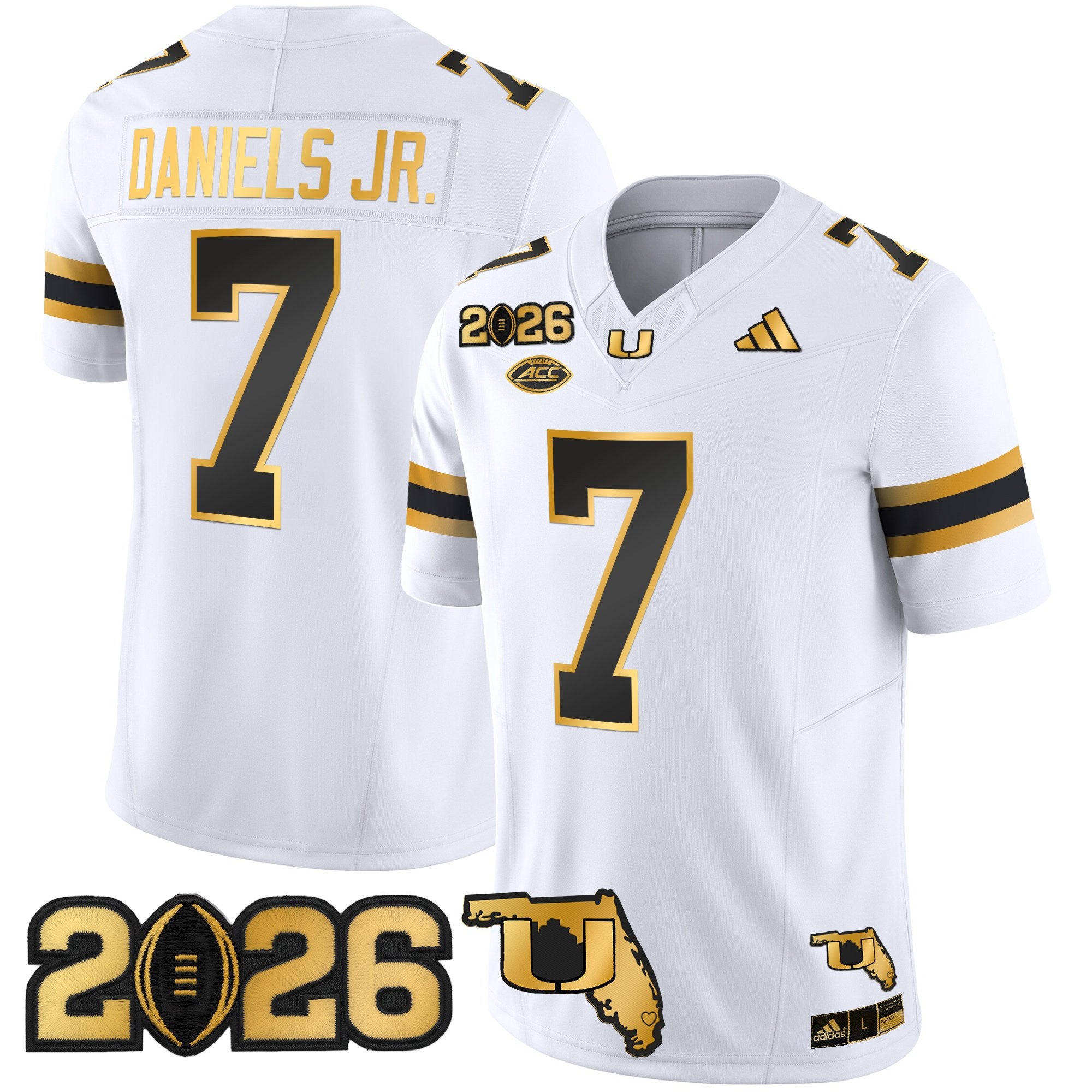 Men's Miami Hurricanes 2026 CFP Final & Florida Patch Gold Vapor Limited Jersey - All Stitched