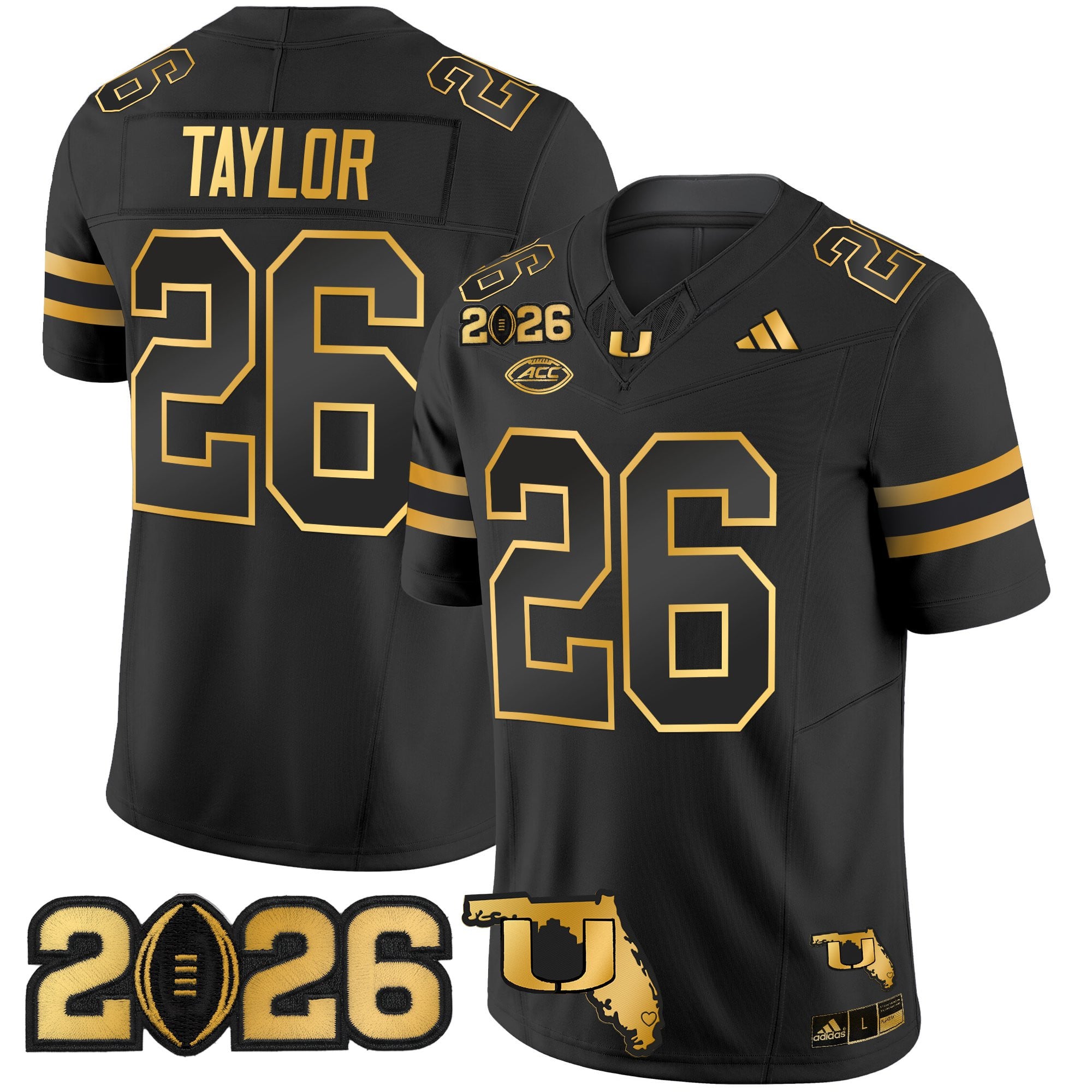 Men's Miami Hurricanes 2026 CFP Final & Florida Patch Gold Vapor Limited Jersey - All Stitched
