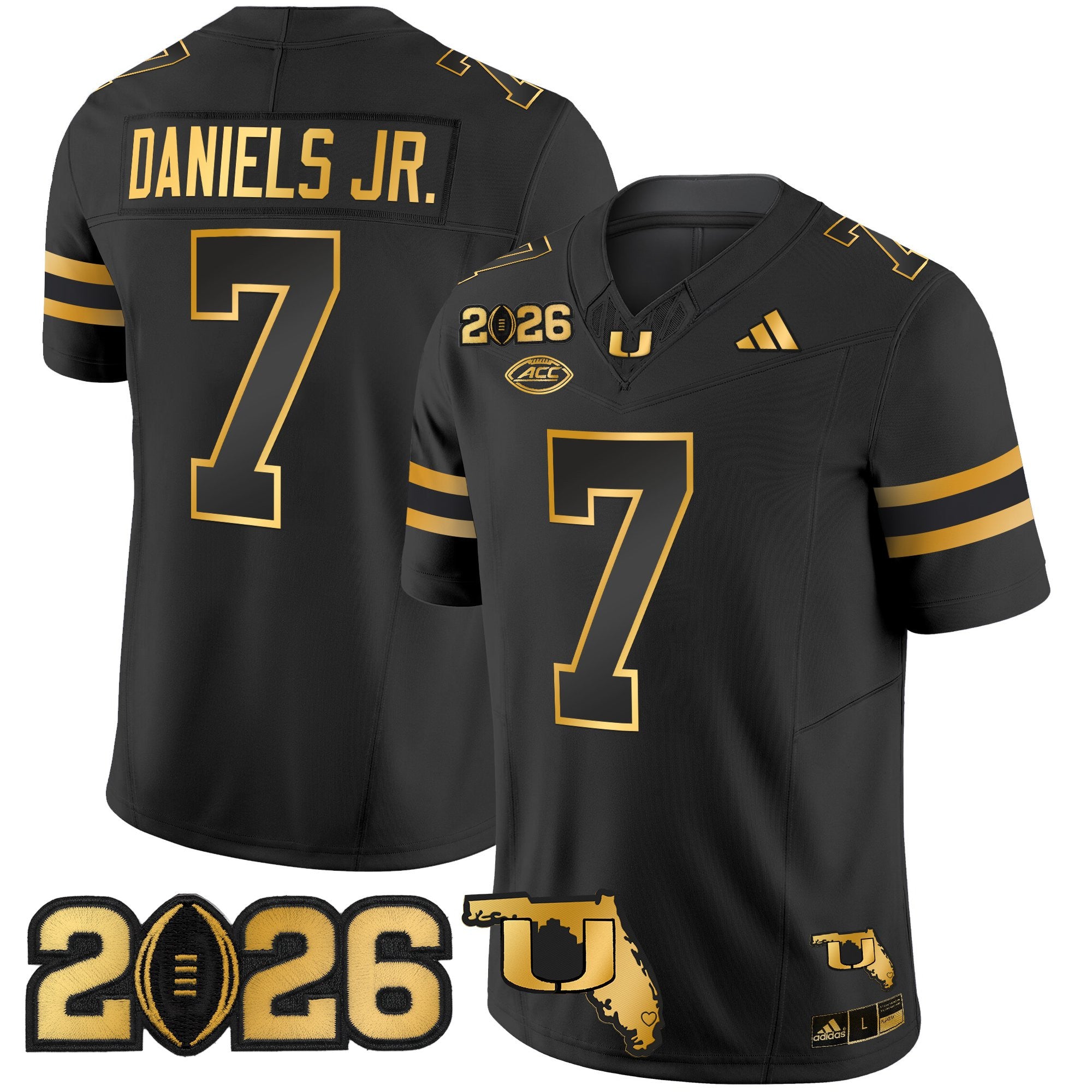 Men's Miami Hurricanes 2026 CFP Final & Florida Patch Gold Vapor Limited Jersey - All Stitched