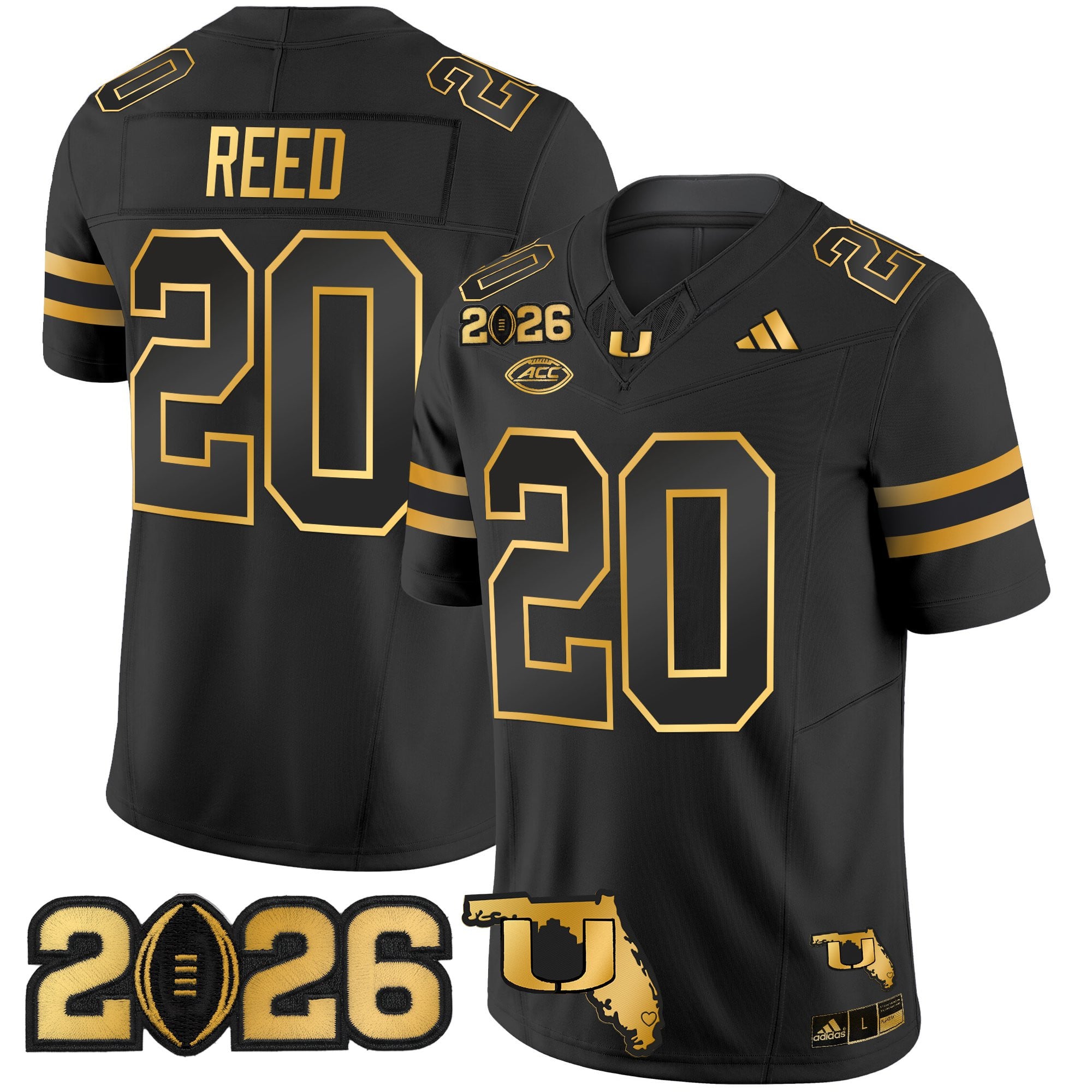 Men's Miami Hurricanes 2026 CFP Final & Florida Patch Gold Vapor Limited Jersey - All Stitched