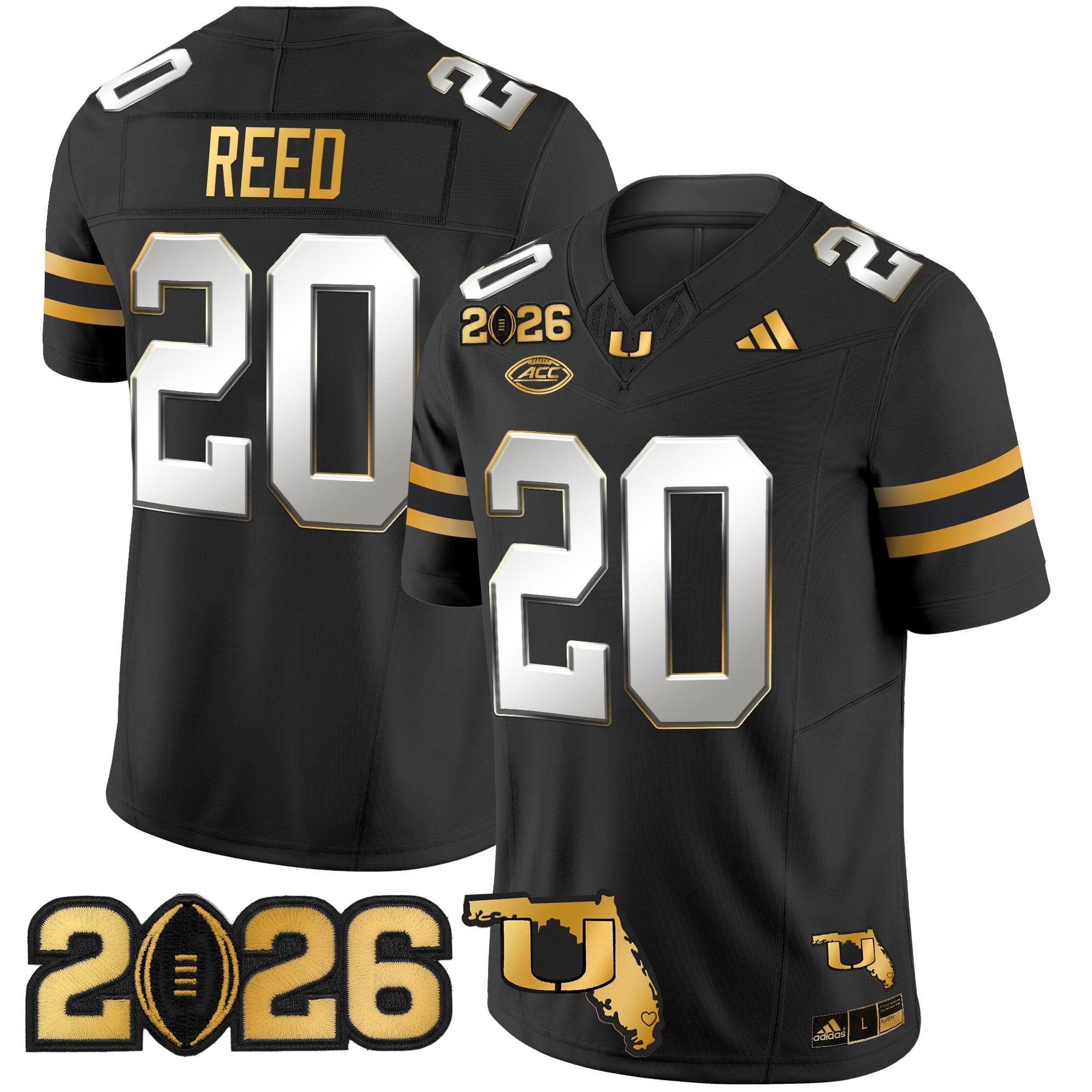Men's Miami Hurricanes 2026 CFP Final & Florida Patch Gold Vapor Limited Jersey - All Stitched
