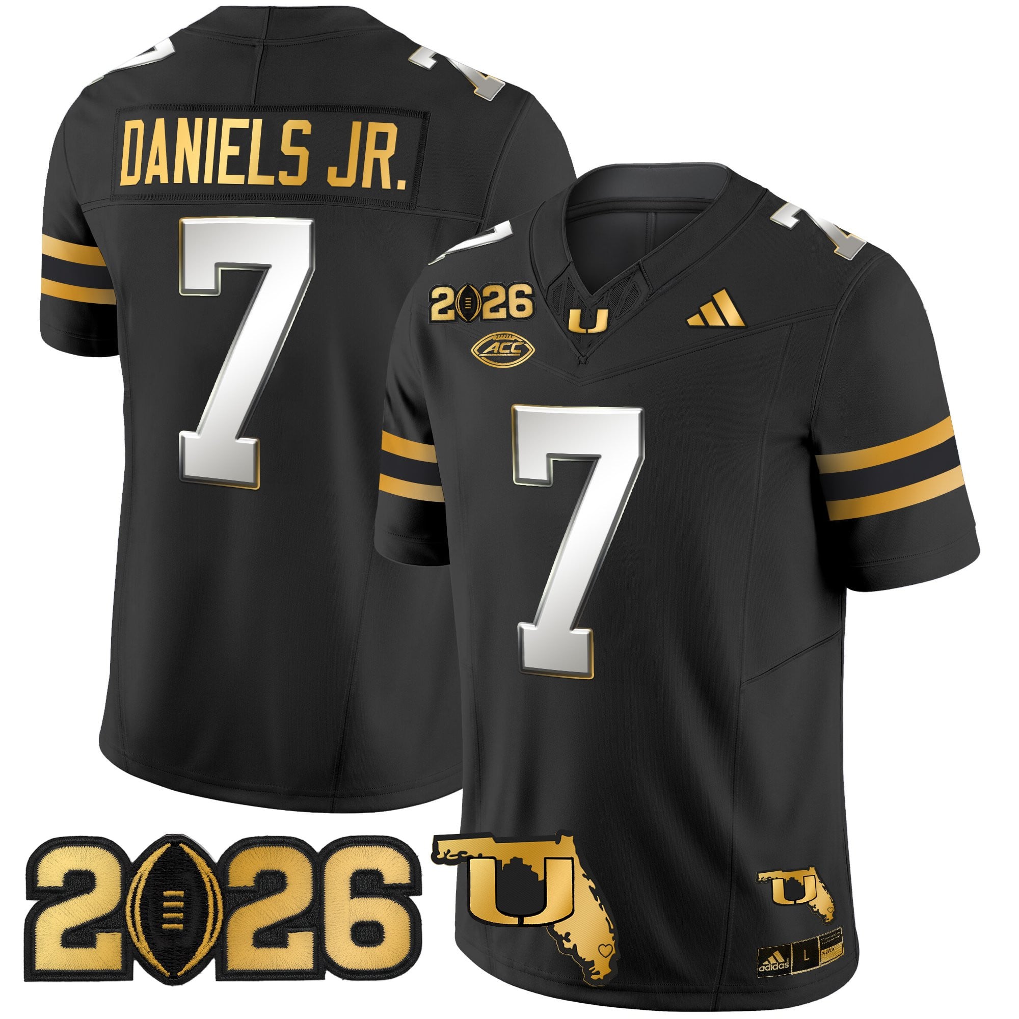 Men's Miami Hurricanes 2026 CFP Final & Florida Patch Gold Vapor Limited Jersey - All Stitched
