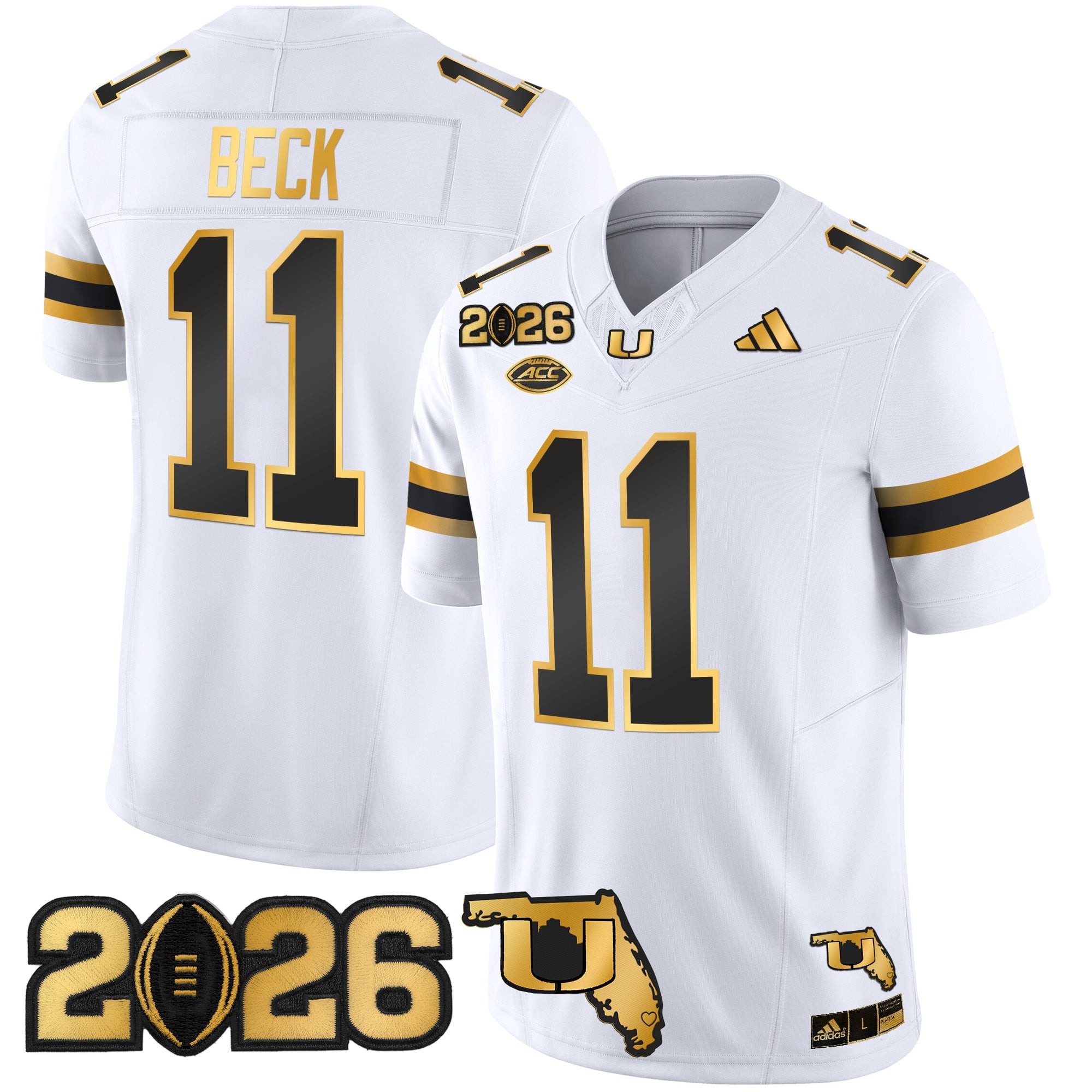 Men's Miami Hurricanes 2026 CFP Final & Florida Patch Gold Vapor Limited Jersey - All Stitched