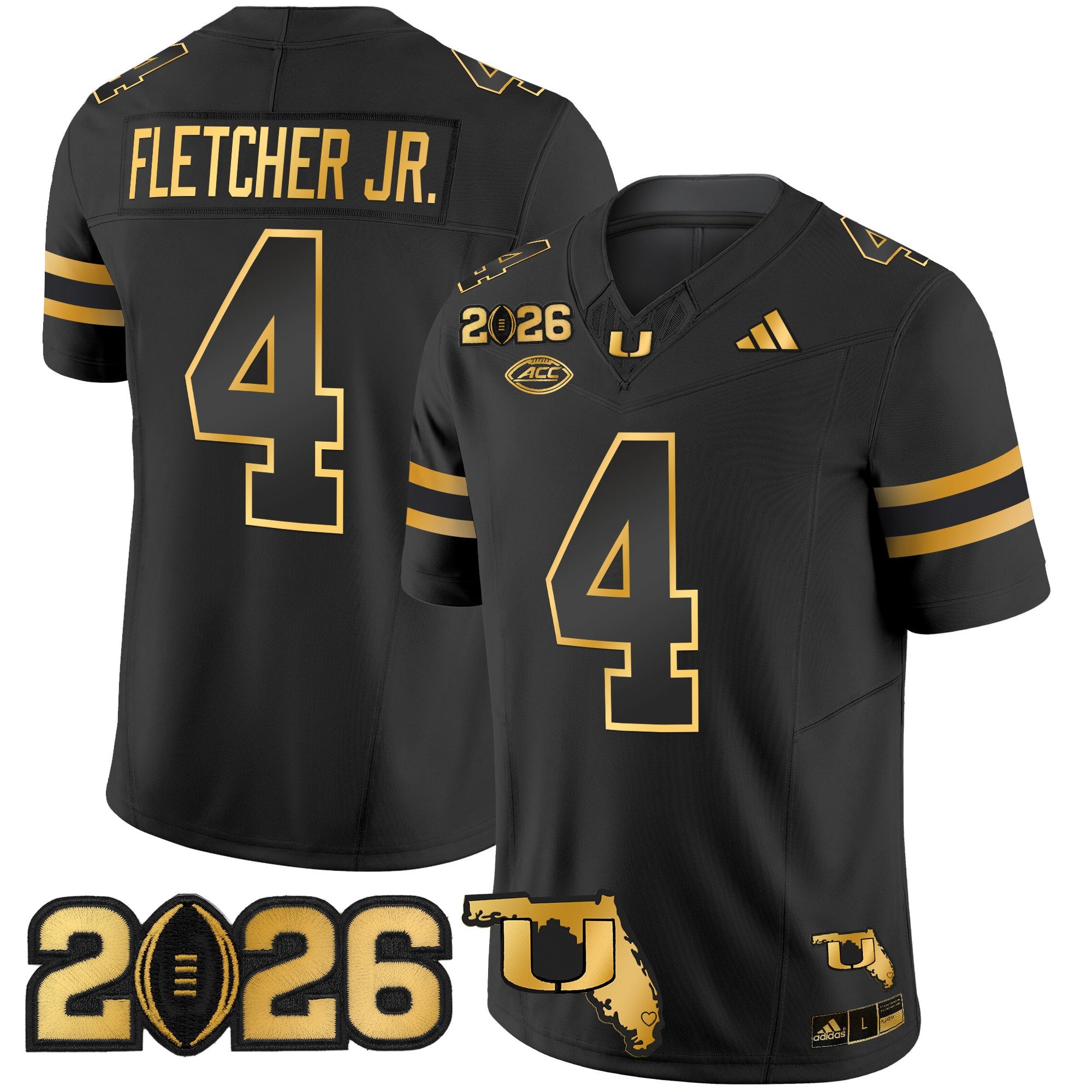 Men's Miami Hurricanes 2026 CFP Final & Florida Patch Gold Vapor Limited Jersey - All Stitched