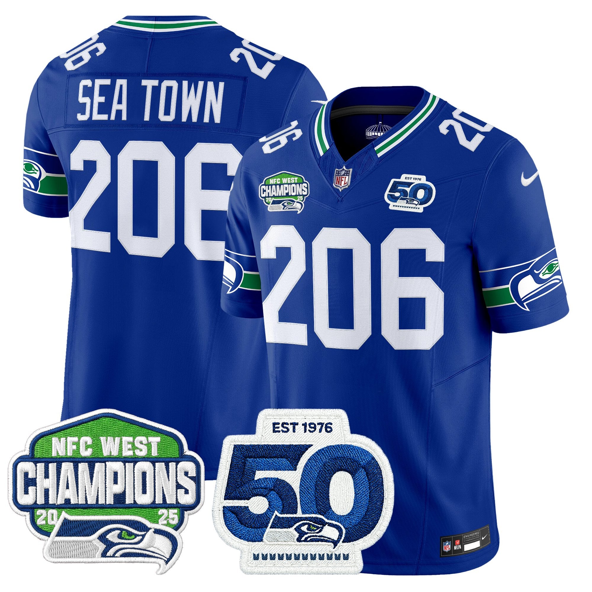Men's Seattle Seahawks 2025 NFC West Division Champions & 50th Anniversary Patch Vapor Limited Jersey - All Stitched