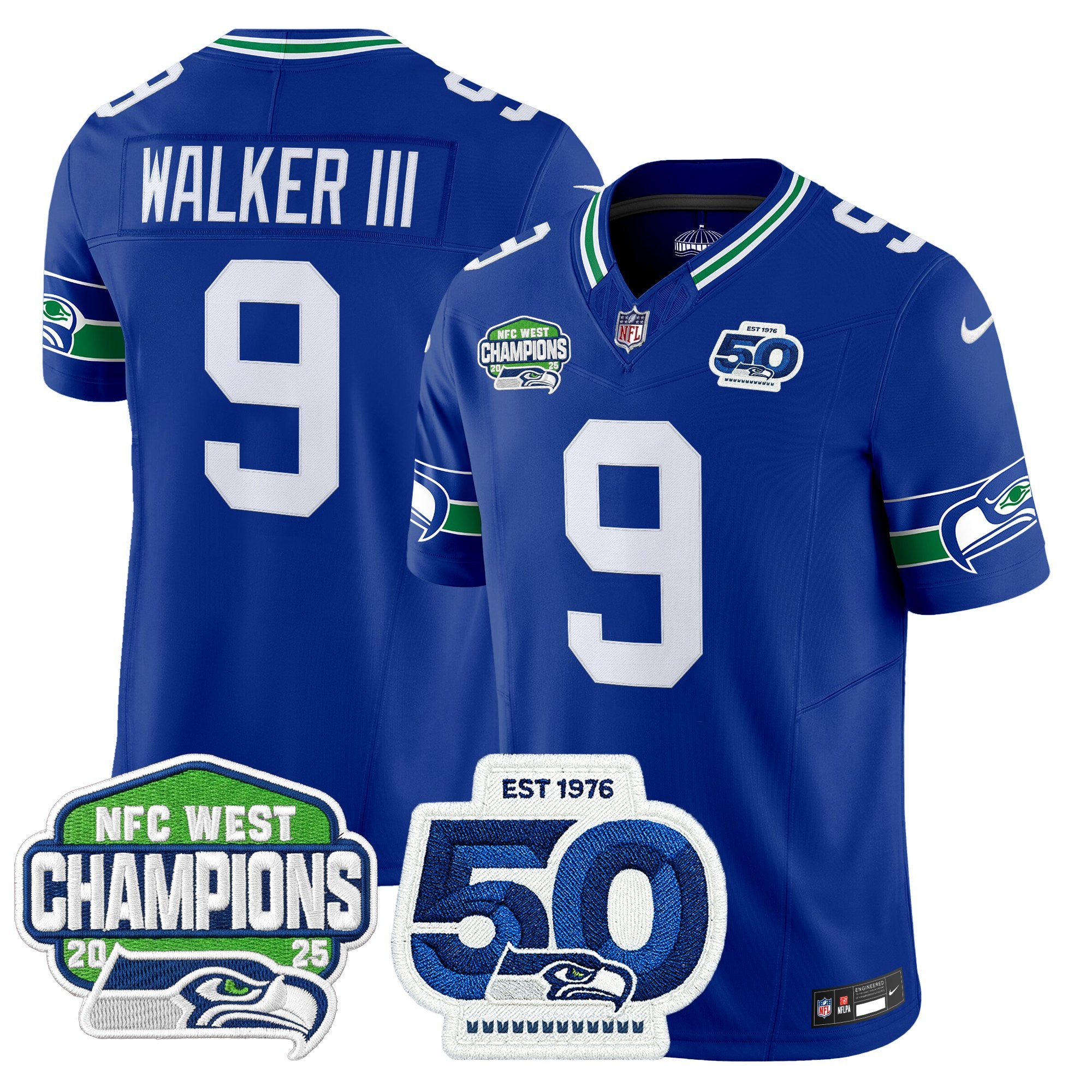 Men's Seattle Seahawks 2025 NFC West Division Champions & 50th Anniversary Patch Vapor Limited Jersey - All Stitched