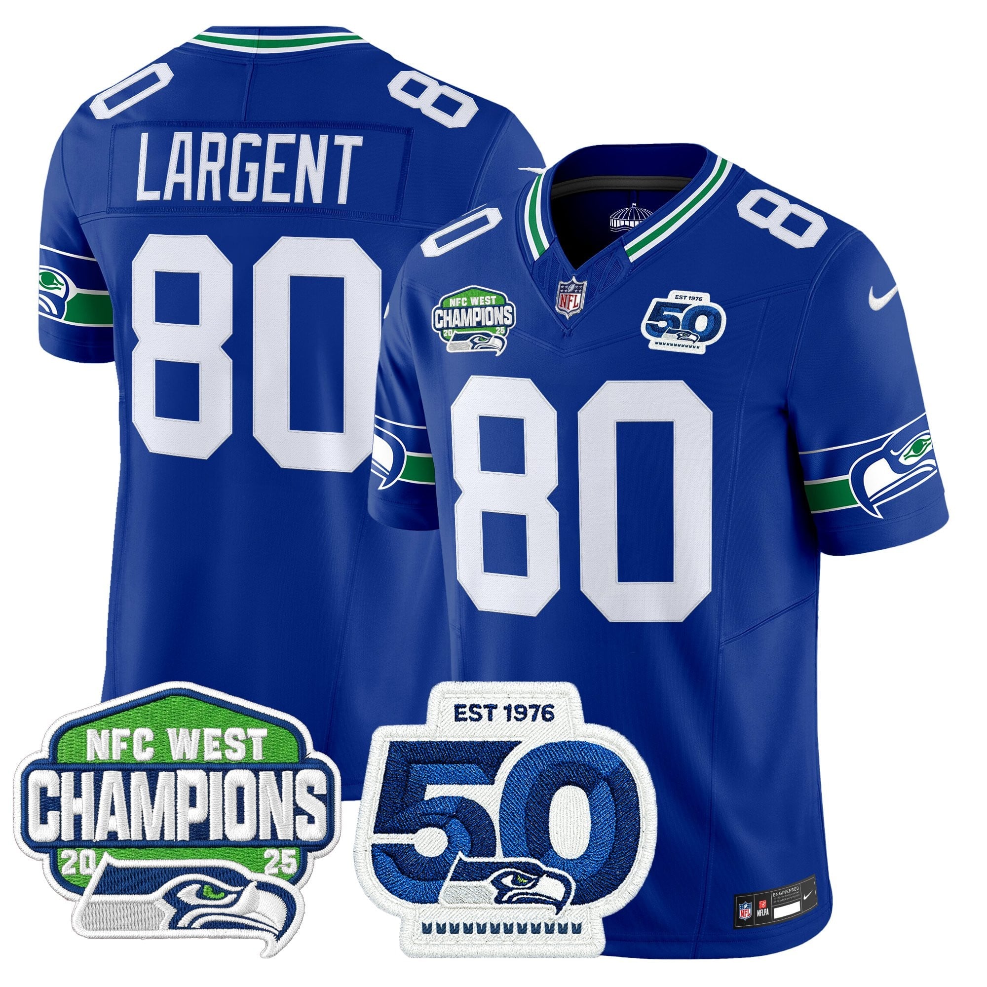 Men's Seattle Seahawks 2025 NFC West Division Champions & 50th Anniversary Patch Vapor Limited Jersey - All Stitched