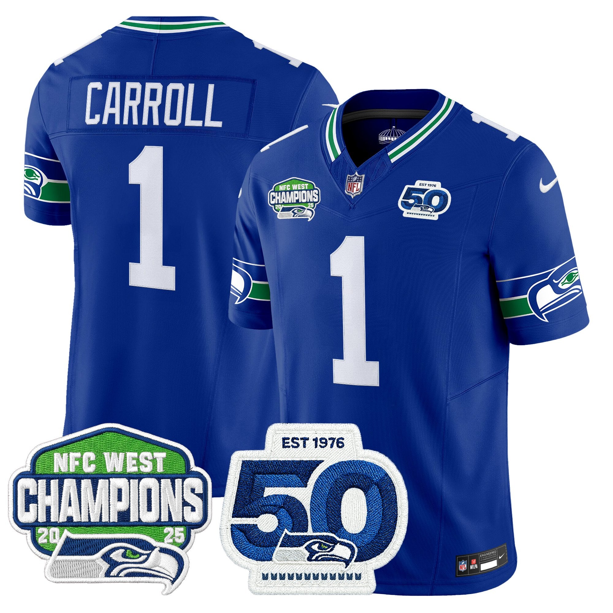 Men's Seattle Seahawks 2025 NFC West Division Champions & 50th Anniversary Patch Vapor Limited Jersey - All Stitched