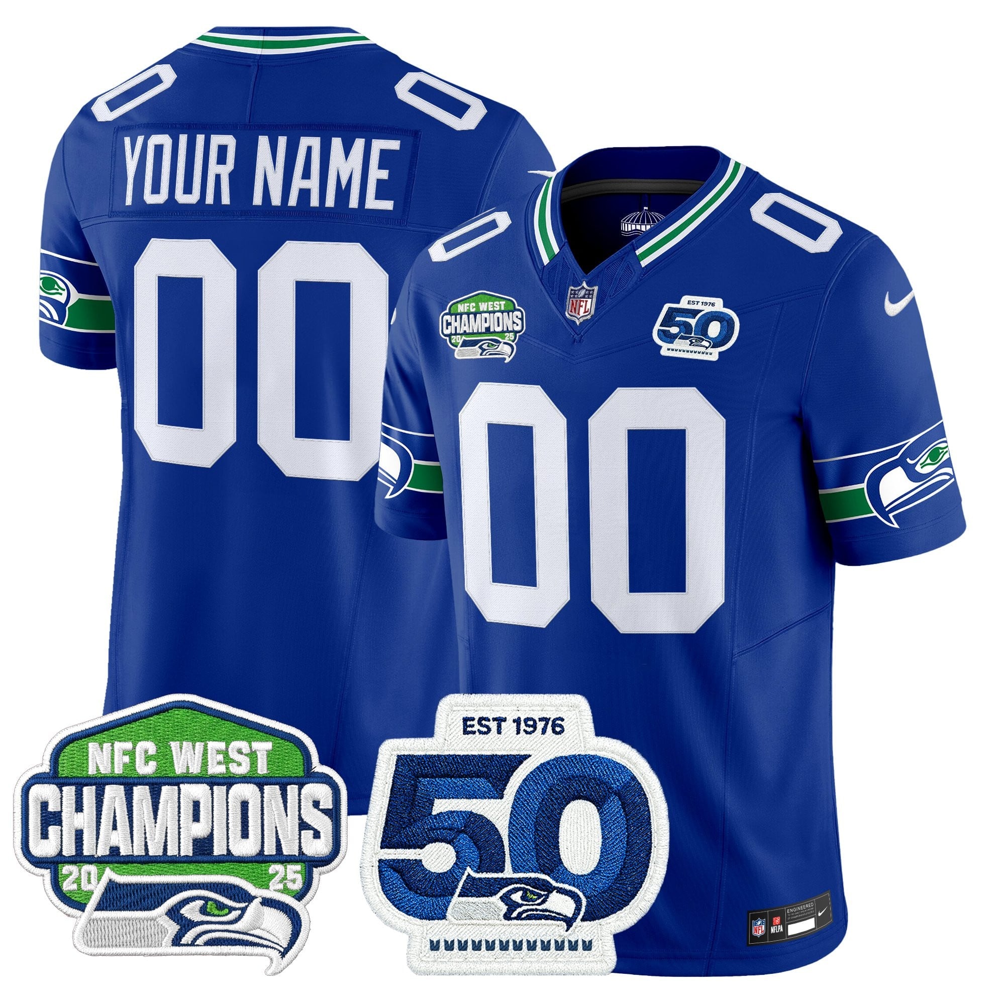 Seattle Seahawks 2025 NFC West Division Champions & 50th Anniversary Patch Vapor Limited Custom Jersey - All Stitched