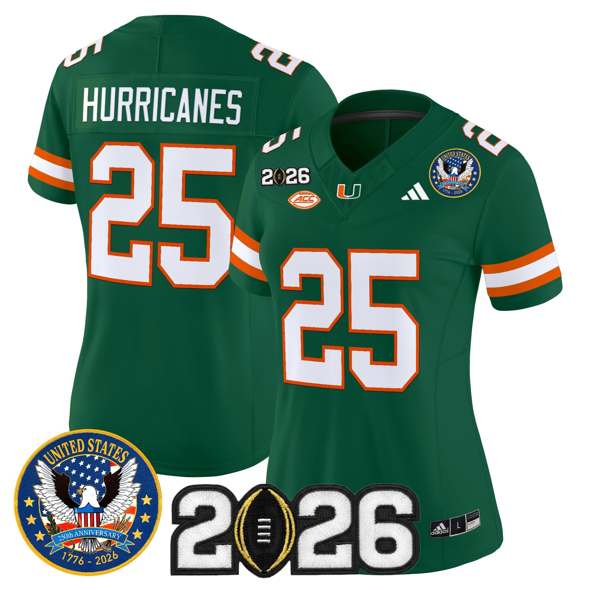 Women's Miami Hurricanes "United States 250th Anniversary & 2026 CFP Final Patch" Vapor Limited Jersey - All Stitched