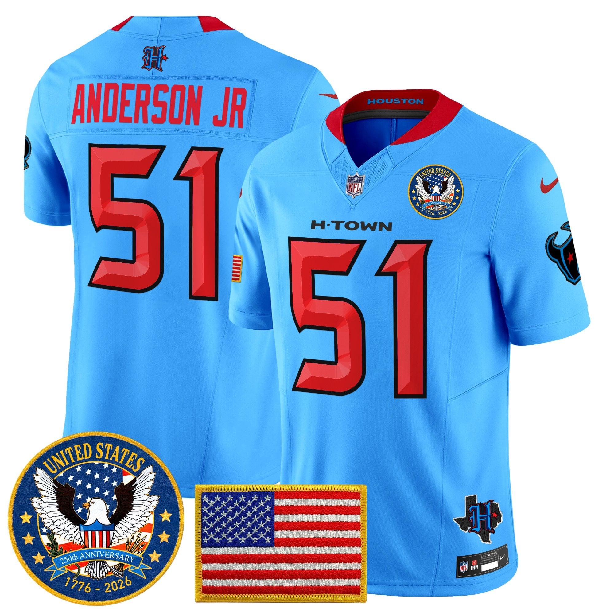 Men's Houston Texans "United States 250th Anniversary Patch" Vapor Limited Jersey - All Stitched