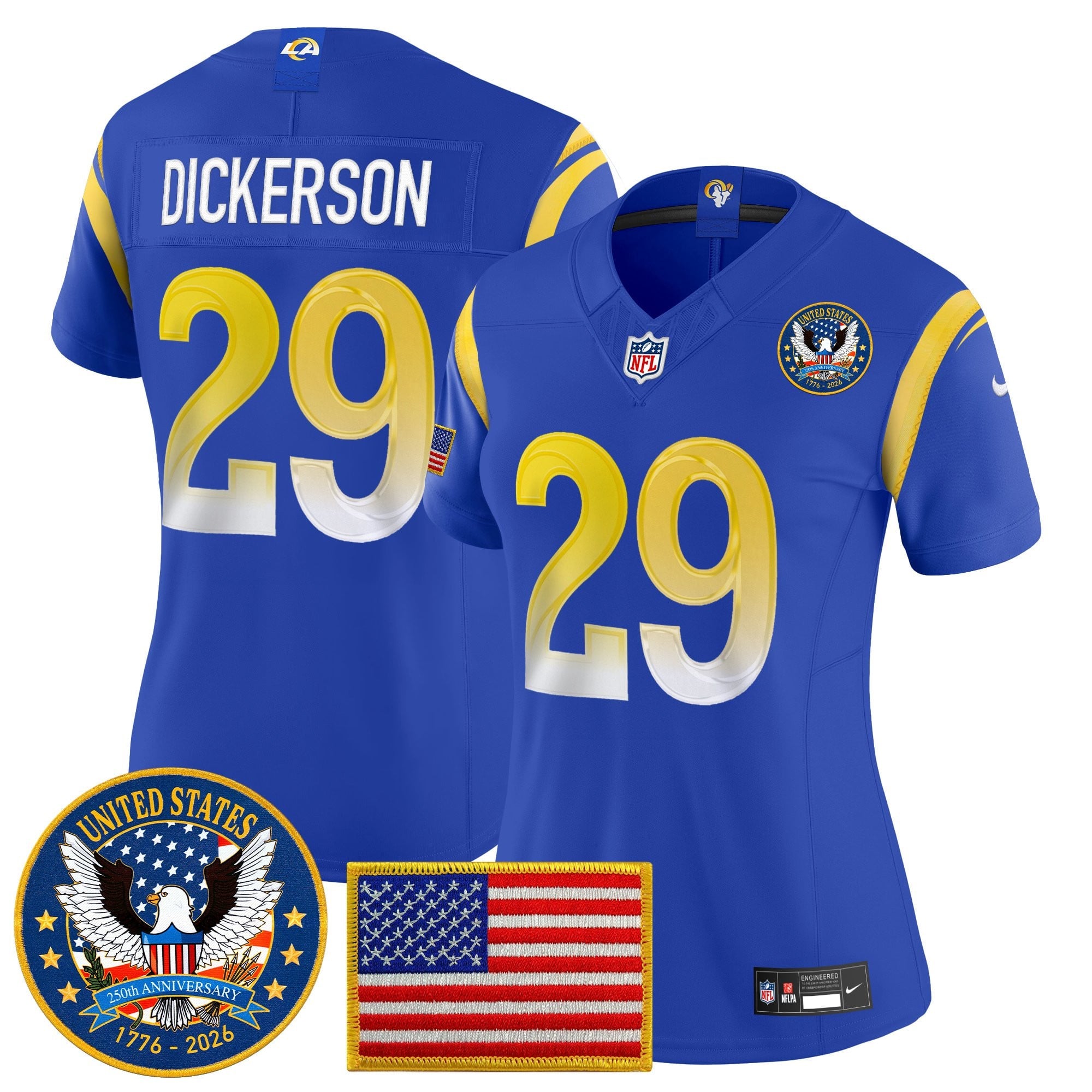 Women's Los Angeles Rams 2025 "United States 250th Anniversary Patch" Vapor Limited Jersey - All Stitched