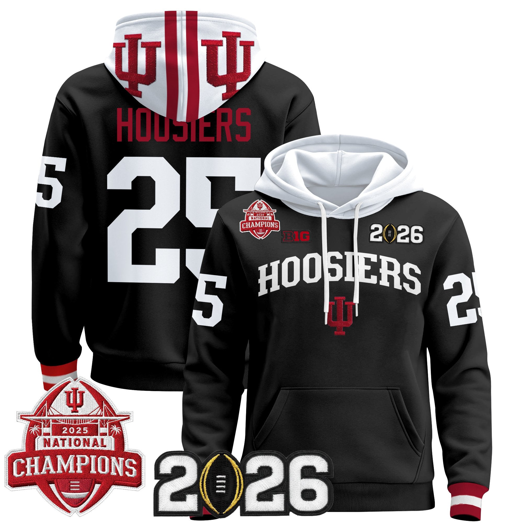 Men's Indiana Hoosiers 2025 National Champions & 2026 CFP Final Patch Premium Pullover Hoodie V2 - All Stitched