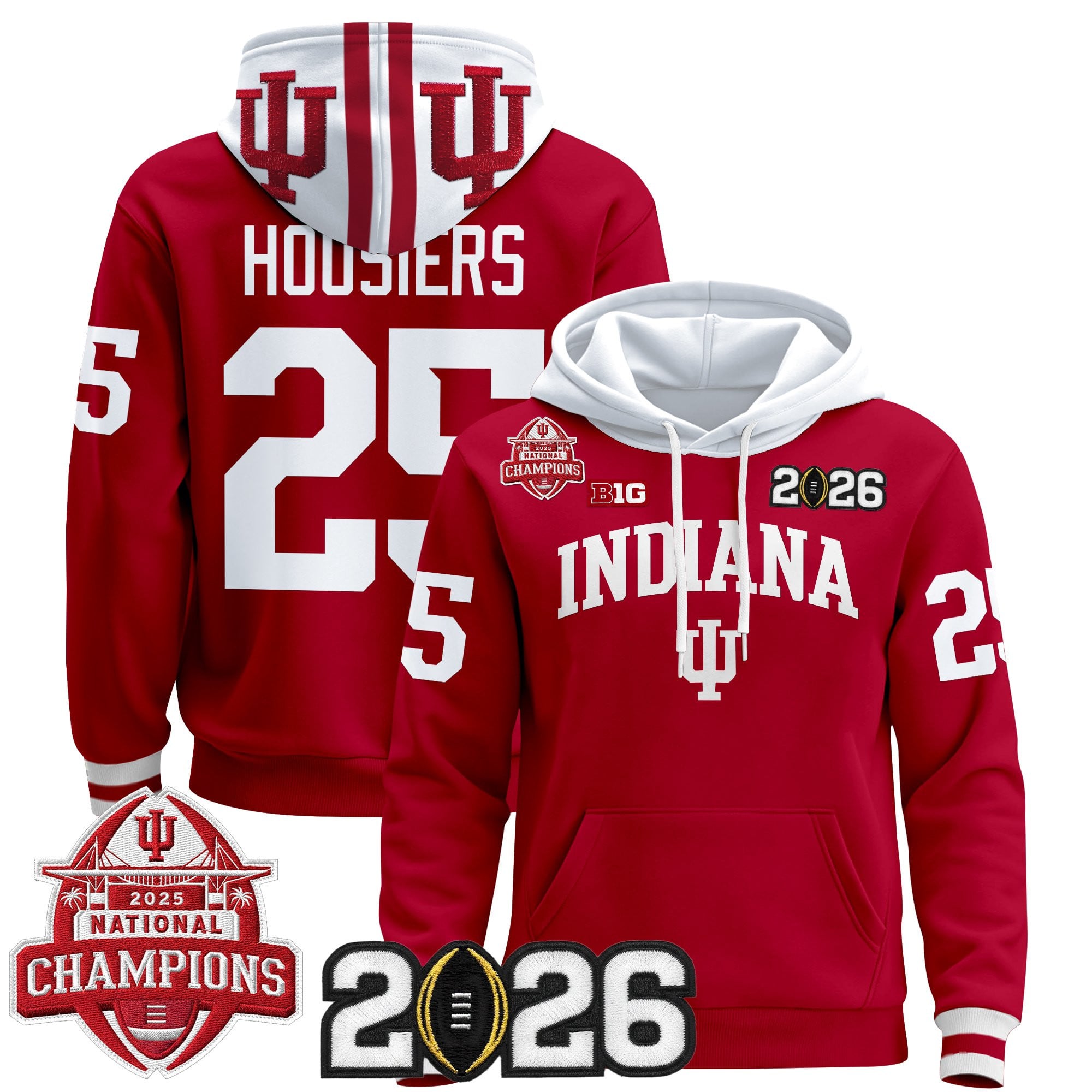 Men's Indiana Hoosiers 2025 National Champions & 2026 CFP Final Patch Premium Pullover Hoodie V2 - All Stitched