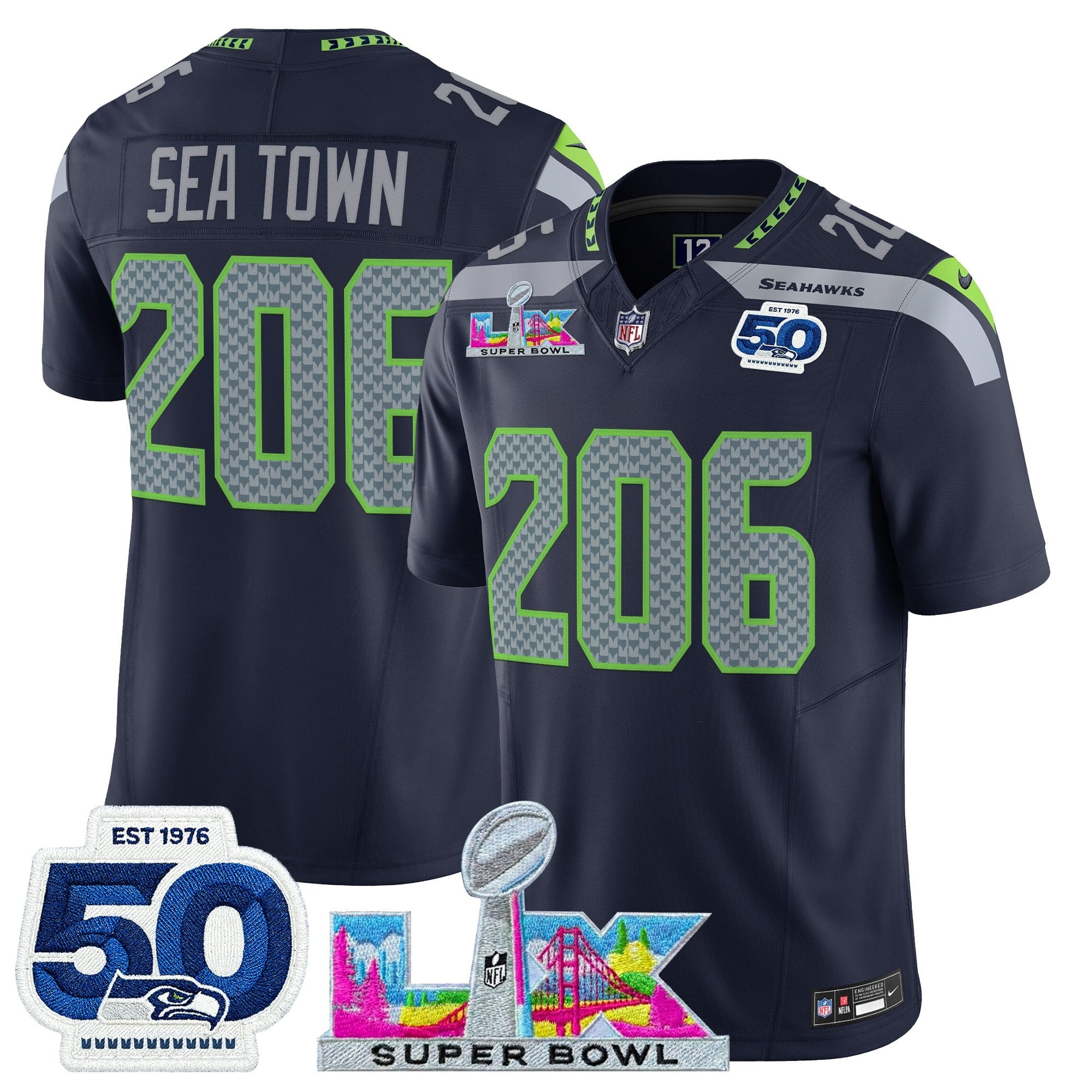 Men's Seattle Seahawks "Super Bowl LX & 50th Patch" Vapor Limited Jersey - All Stitched