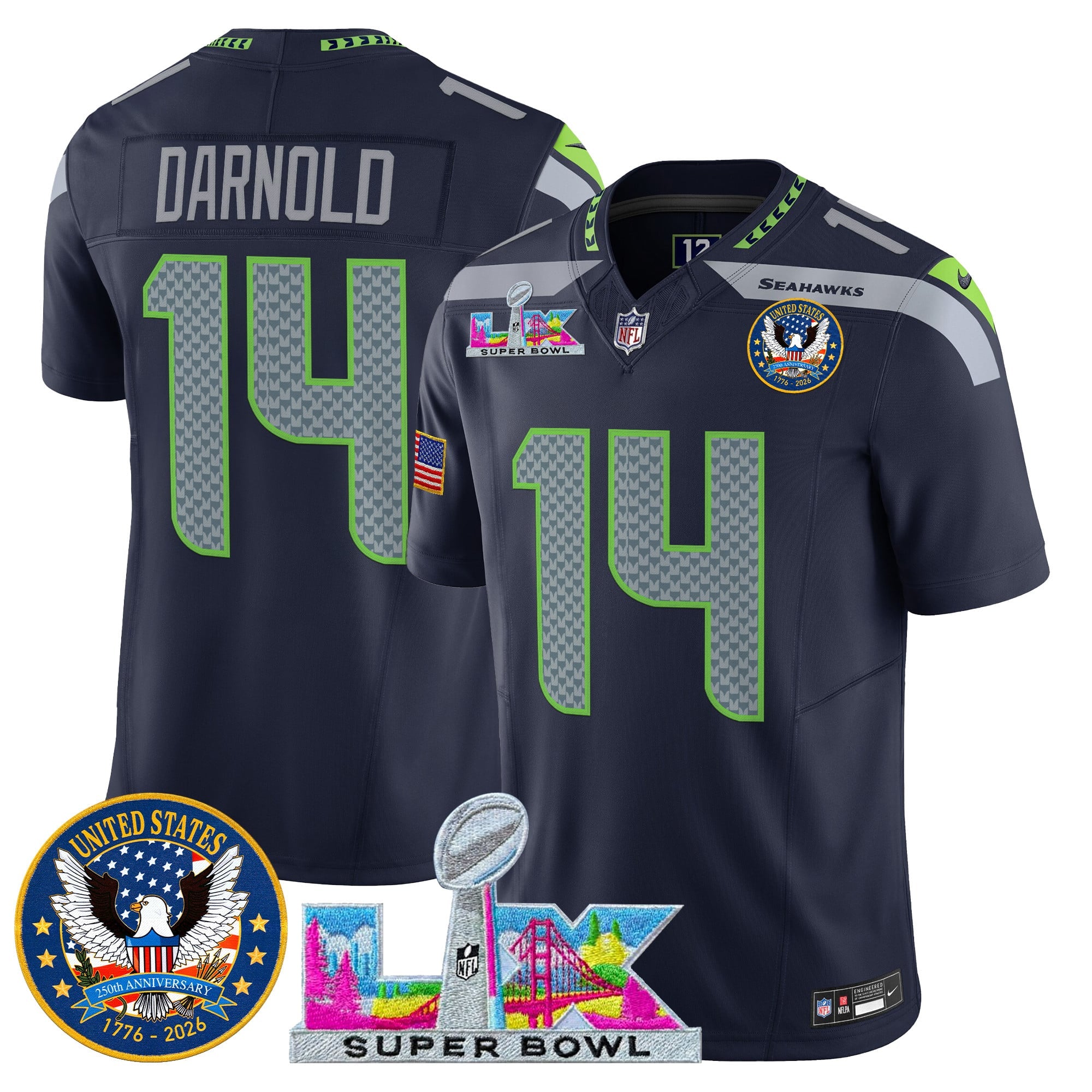 Men's Seattle Seahawks "Super Bowl LX & United States 250th Patch" Vapor Limited Jersey - All Stitched