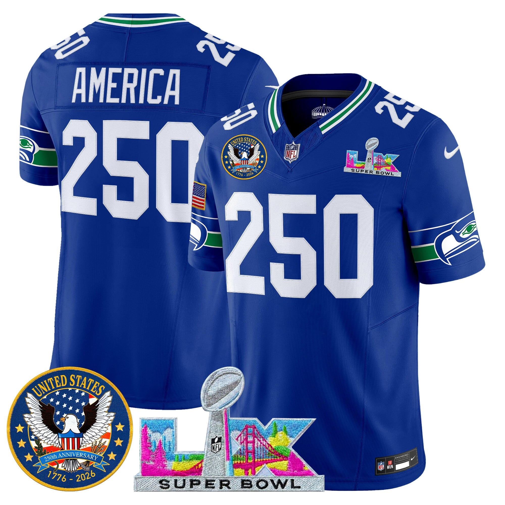 Men's Seattle Seahawks "Super Bowl LX & United States 250th Patch" Vapor Limited Jersey - All Stitched