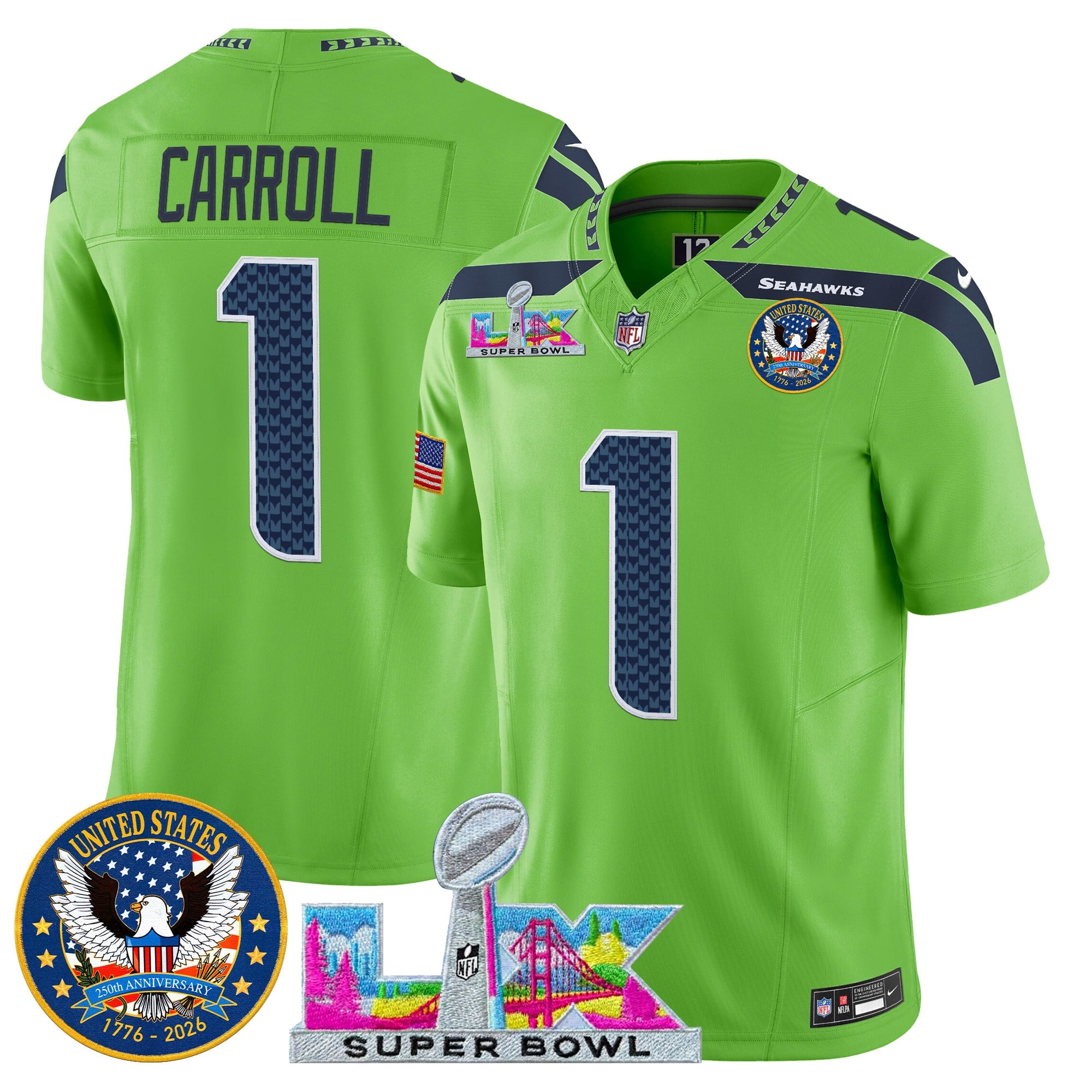 Men's Seattle Seahawks "Super Bowl LX & United States 250th Patch" Vapor Limited Jersey - All Stitched