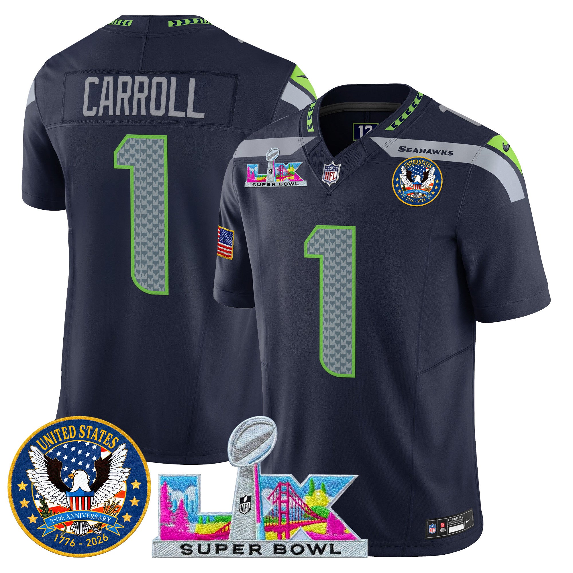 Men's Seattle Seahawks "Super Bowl LX & United States 250th Patch" Vapor Limited Jersey - All Stitched