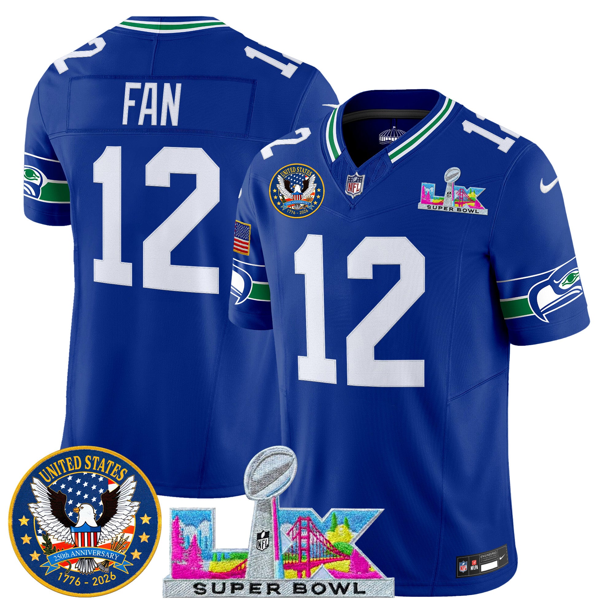 Men's Seattle Seahawks "Super Bowl LX & United States 250th Patch" Vapor Limited Jersey - All Stitched