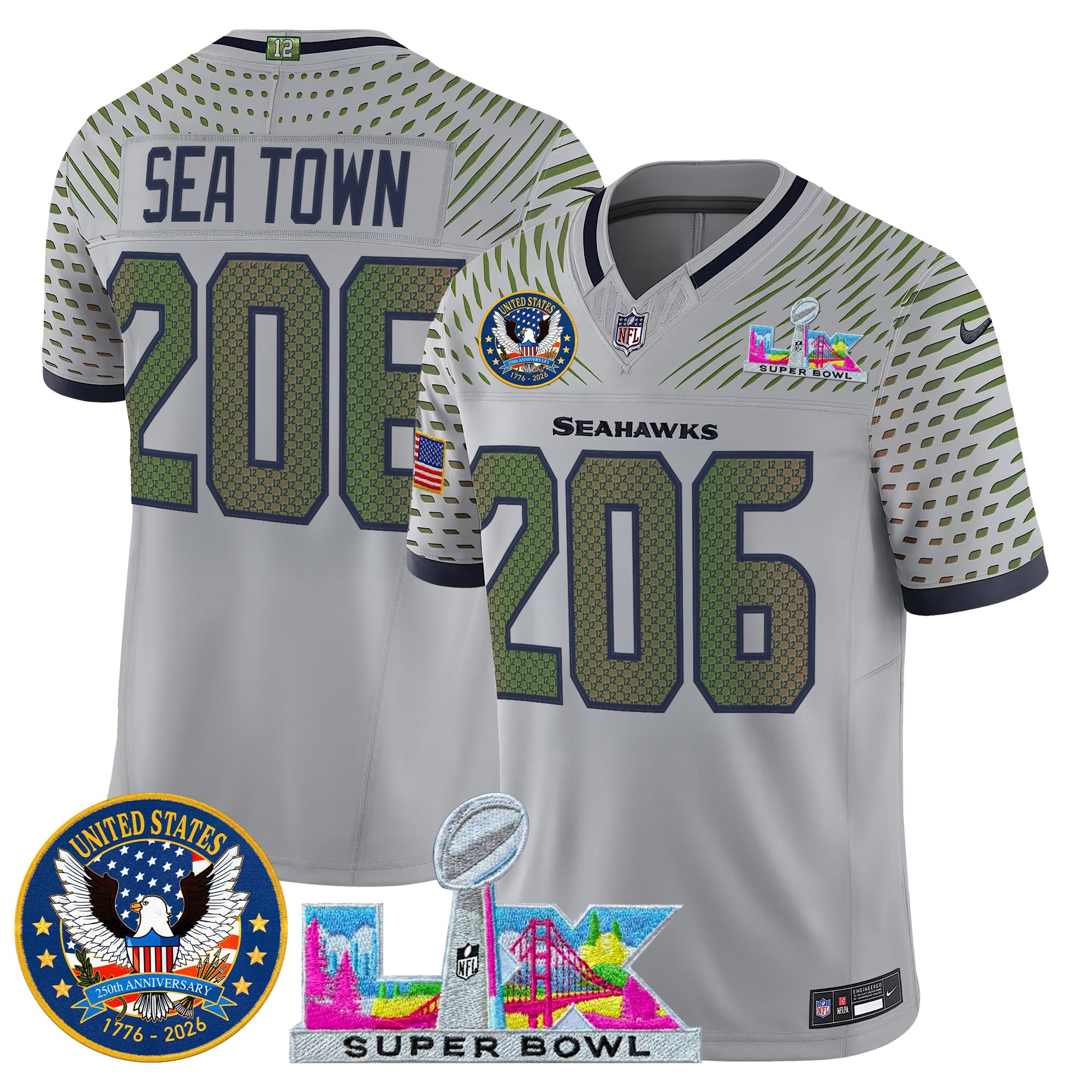 Men's Seattle Seahawks "Super Bowl LX & United States 250th Patch" Vapor Limited Jersey - All Stitched