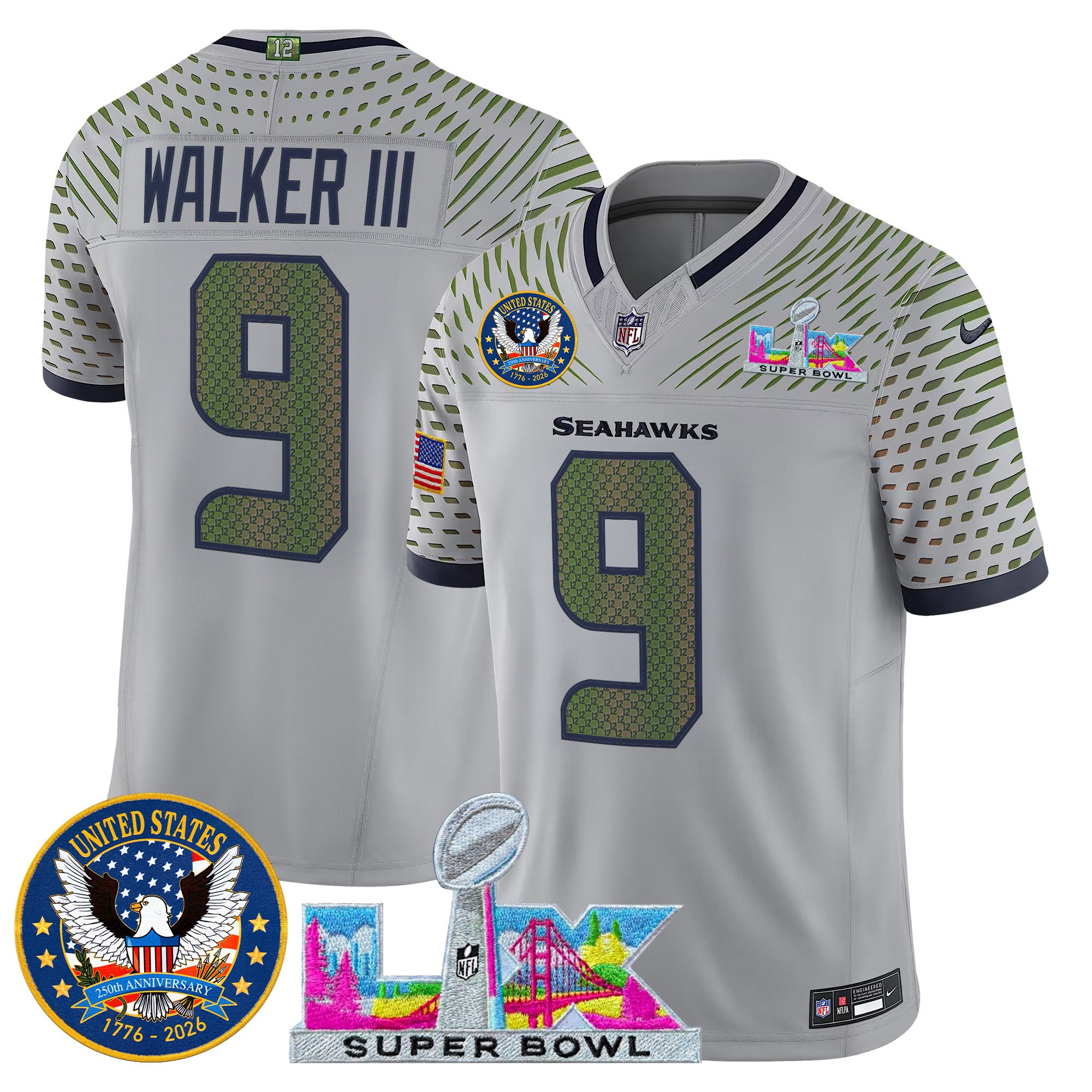 Men's Seattle Seahawks "Super Bowl LX & United States 250th Patch" Vapor Limited Jersey - All Stitched