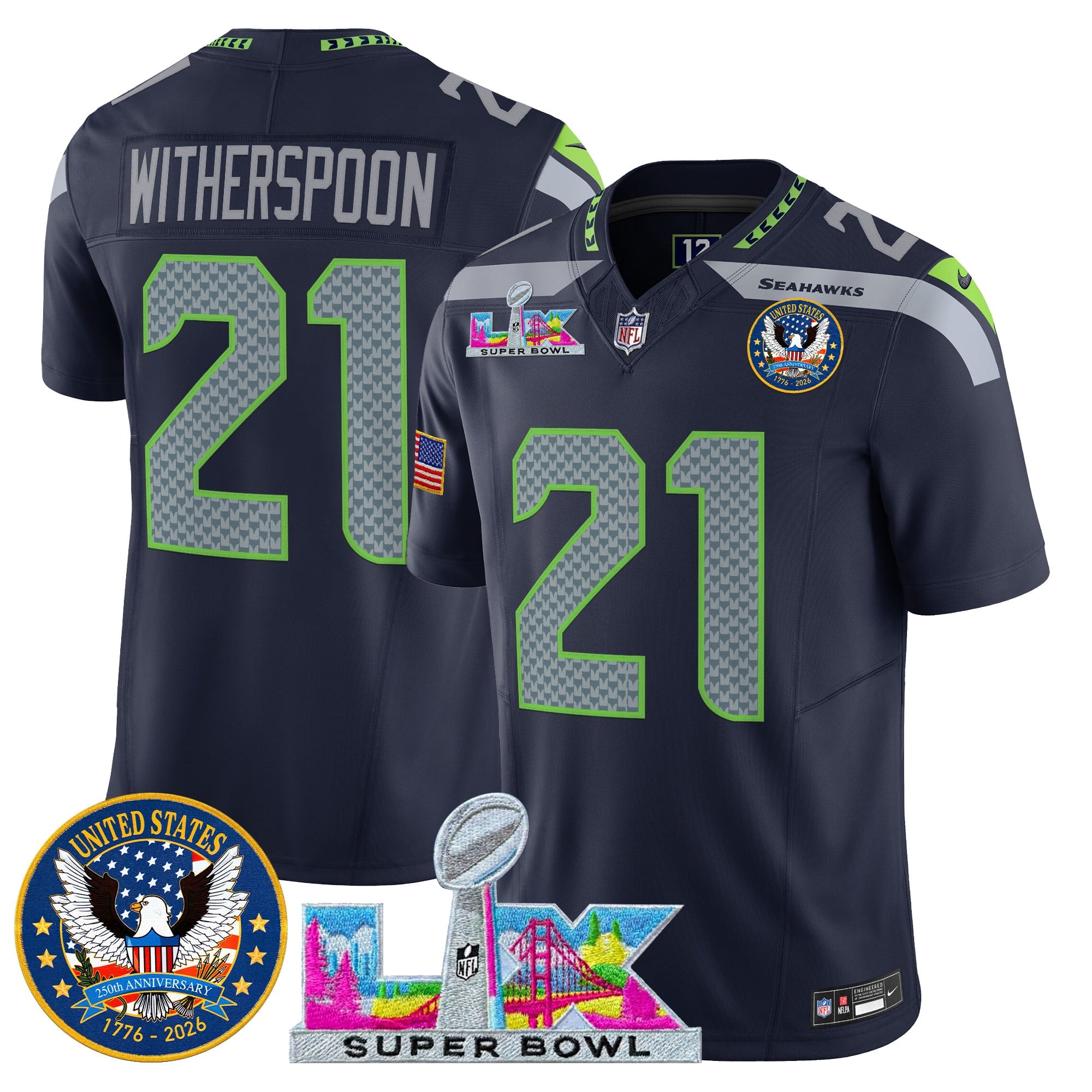 Men's Seattle Seahawks "Super Bowl LX & United States 250th Patch" Vapor Limited Jersey - All Stitched