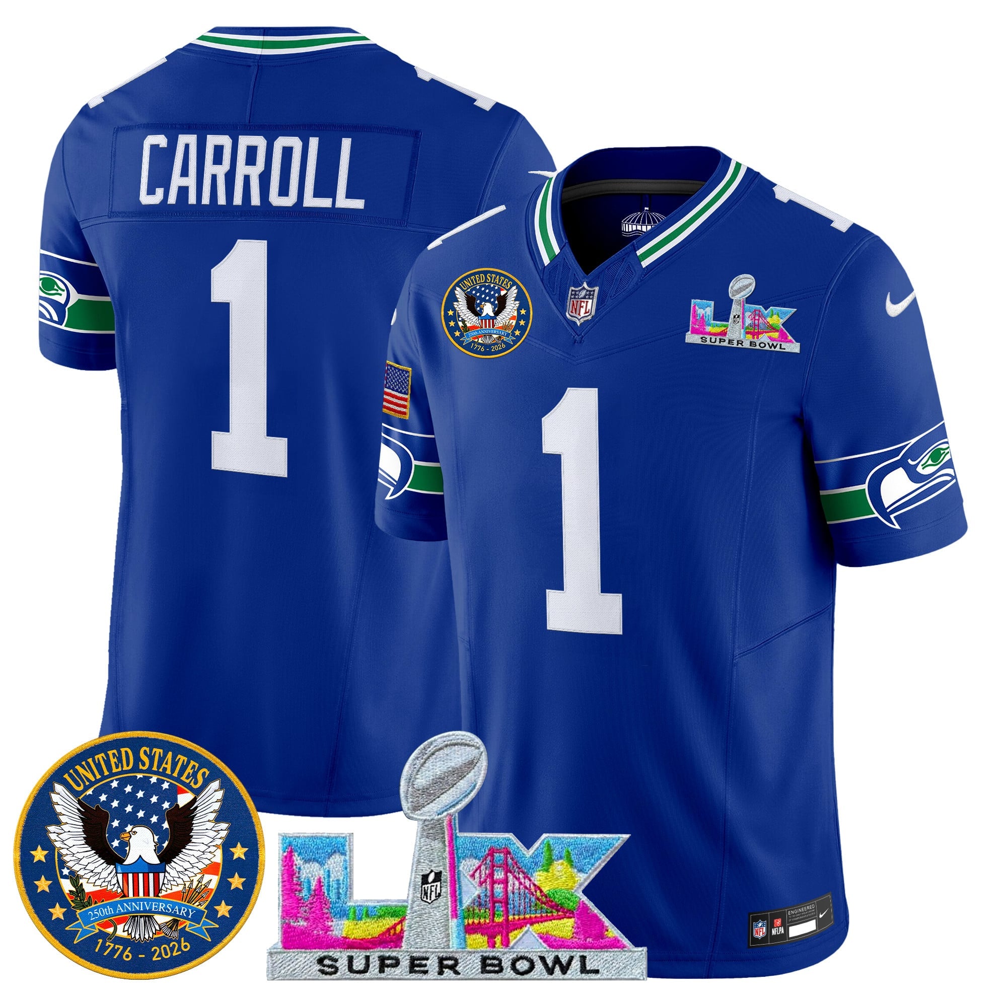 Men's Seattle Seahawks "Super Bowl LX & United States 250th Patch" Vapor Limited Jersey - All Stitched