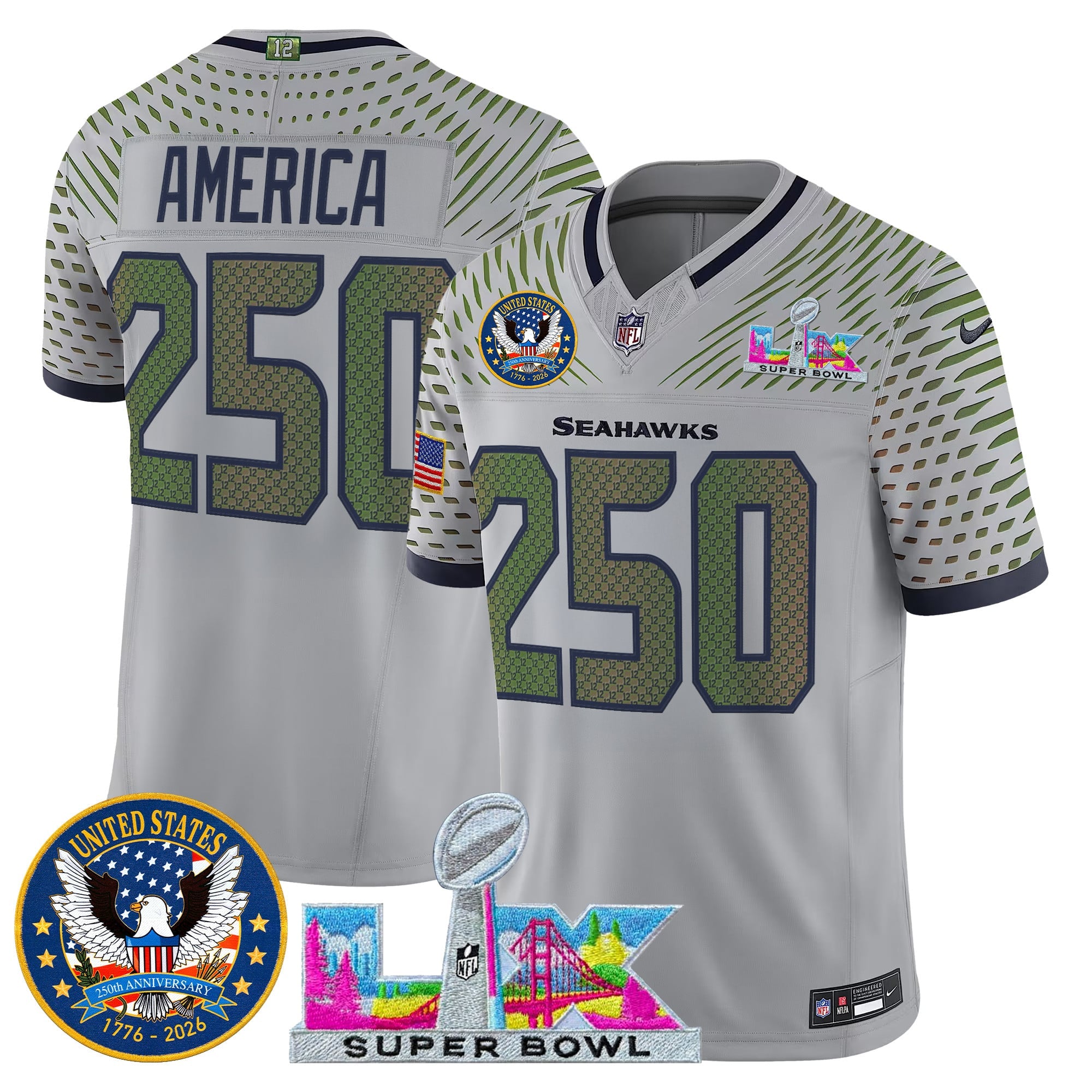 Men's Seattle Seahawks "Super Bowl LX & United States 250th Patch" Vapor Limited Jersey - All Stitched