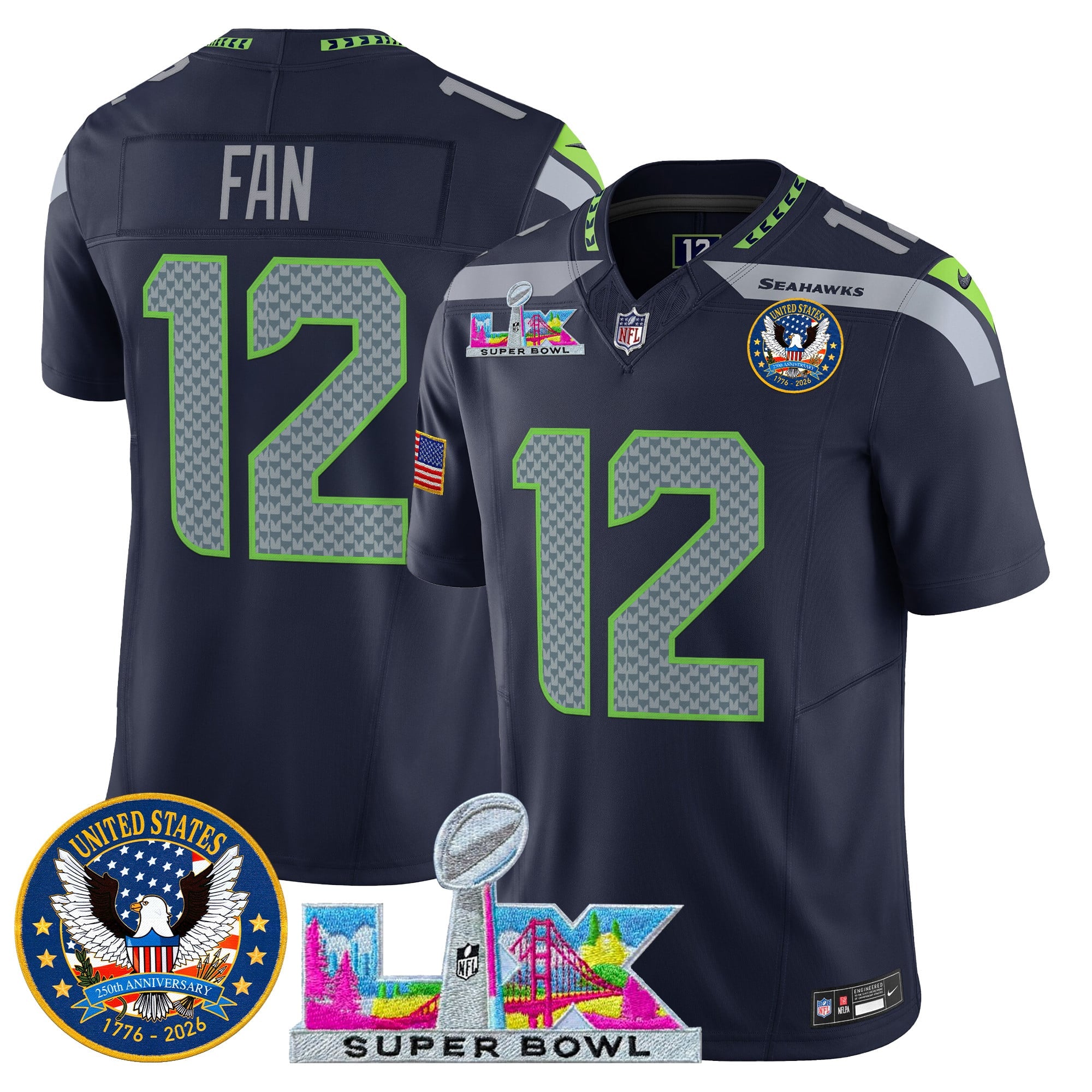Men's Seattle Seahawks "Super Bowl LX & United States 250th Patch" Vapor Limited Jersey - All Stitched