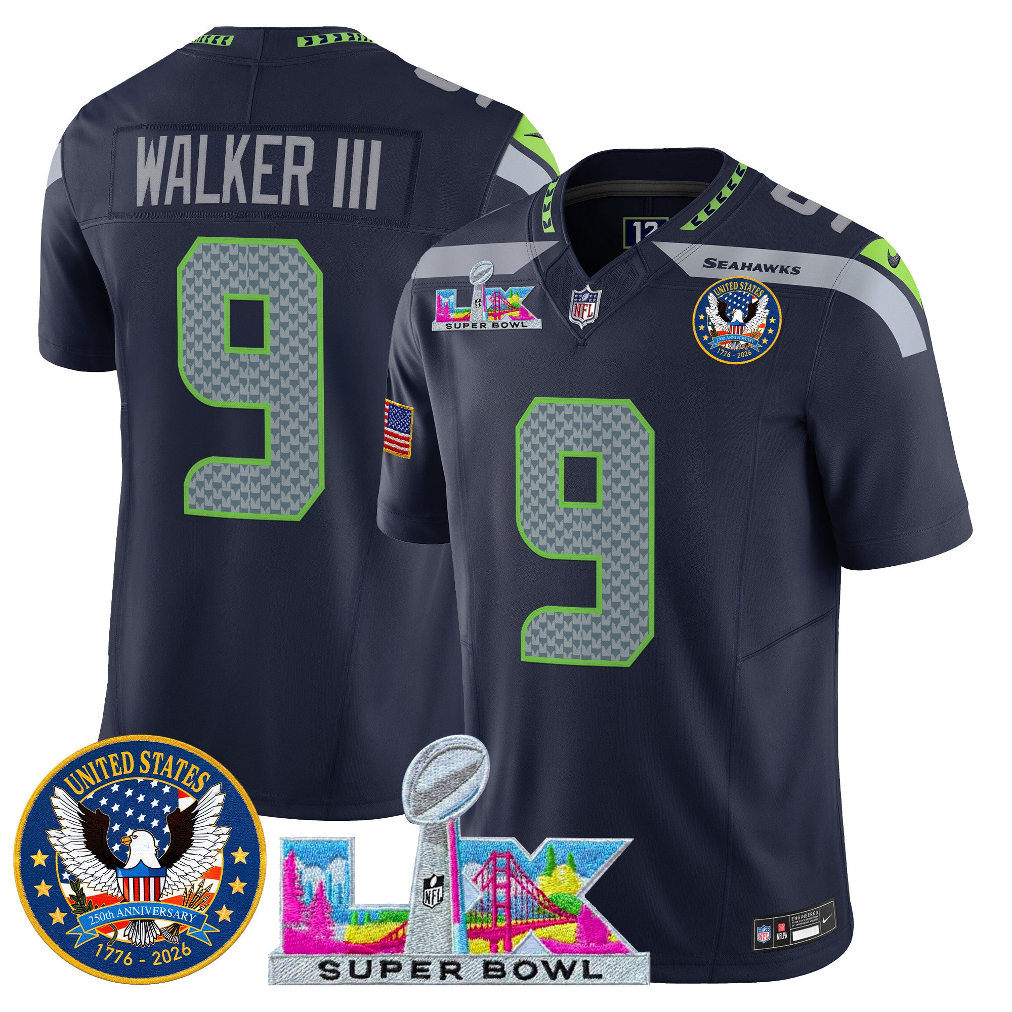 Men's Seattle Seahawks "Super Bowl LX & United States 250th Patch" Vapor Limited Jersey - All Stitched