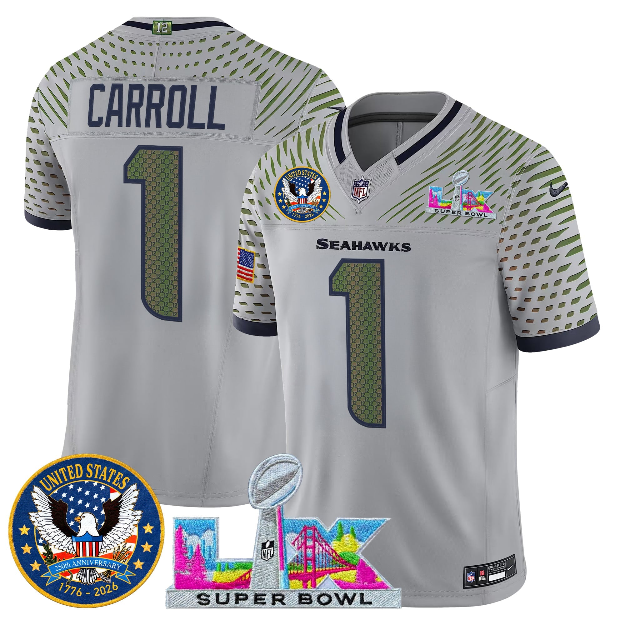Men's Seattle Seahawks "Super Bowl LX & United States 250th Patch" Vapor Limited Jersey - All Stitched