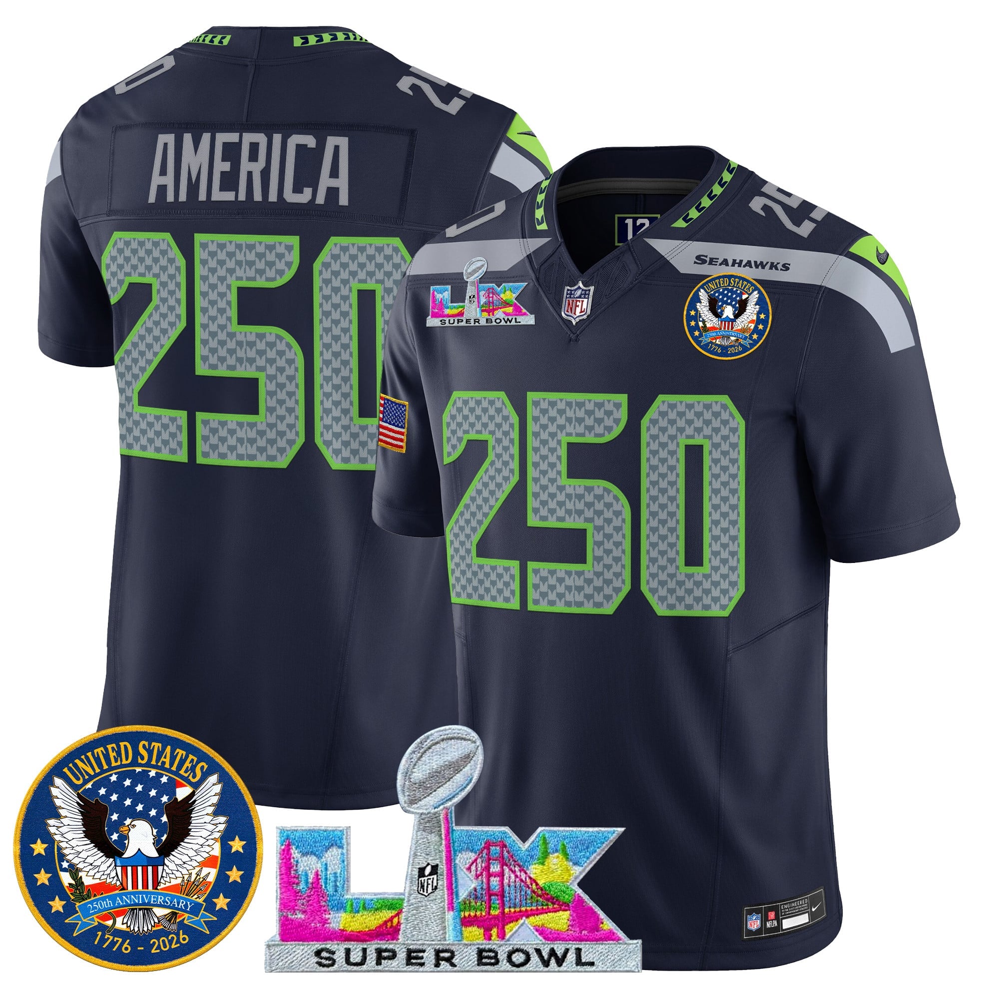 Men's Seattle Seahawks "Super Bowl LX & United States 250th Patch" Vapor Limited Jersey - All Stitched