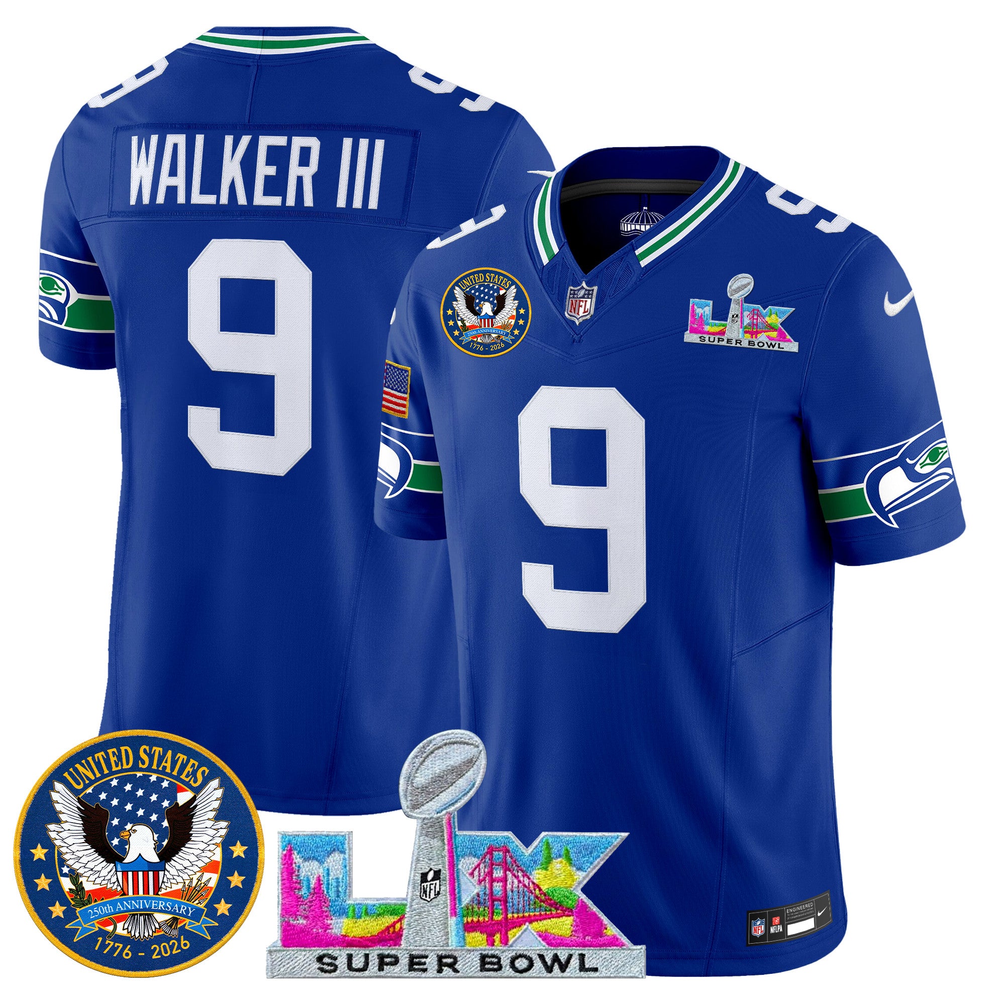 Men's Seattle Seahawks "Super Bowl LX & United States 250th Patch" Vapor Limited Jersey - All Stitched