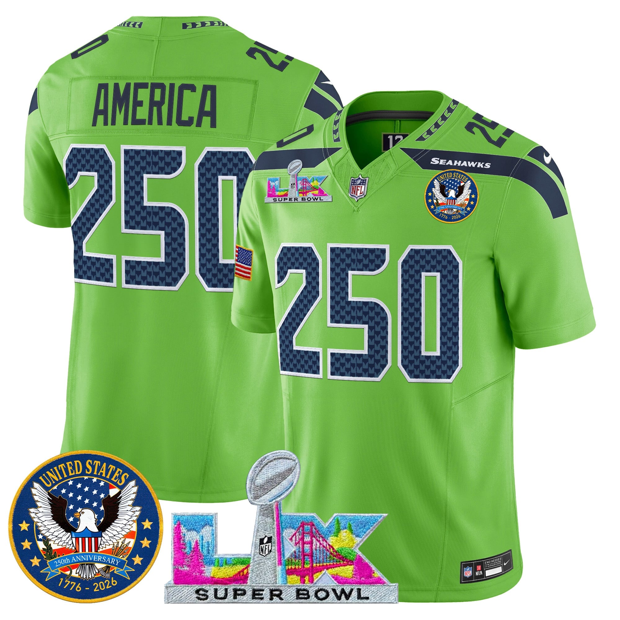 Men's Seattle Seahawks "Super Bowl LX & United States 250th Patch" Vapor Limited Jersey - All Stitched