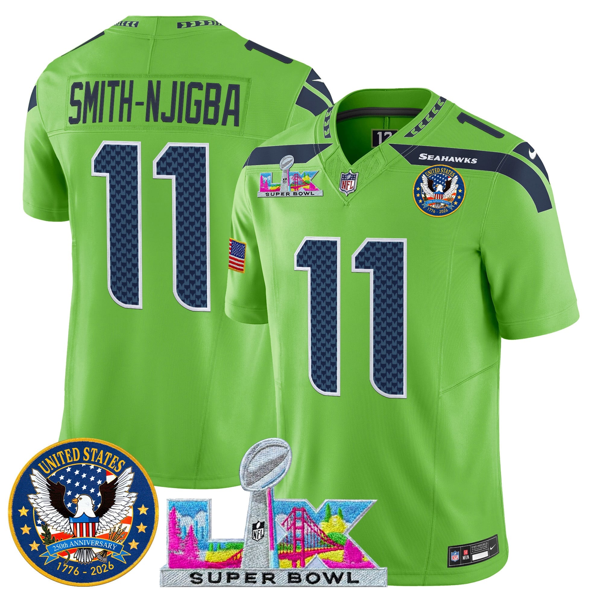 Men's Seattle Seahawks "Super Bowl LX & United States 250th Patch" Vapor Limited Jersey - All Stitched