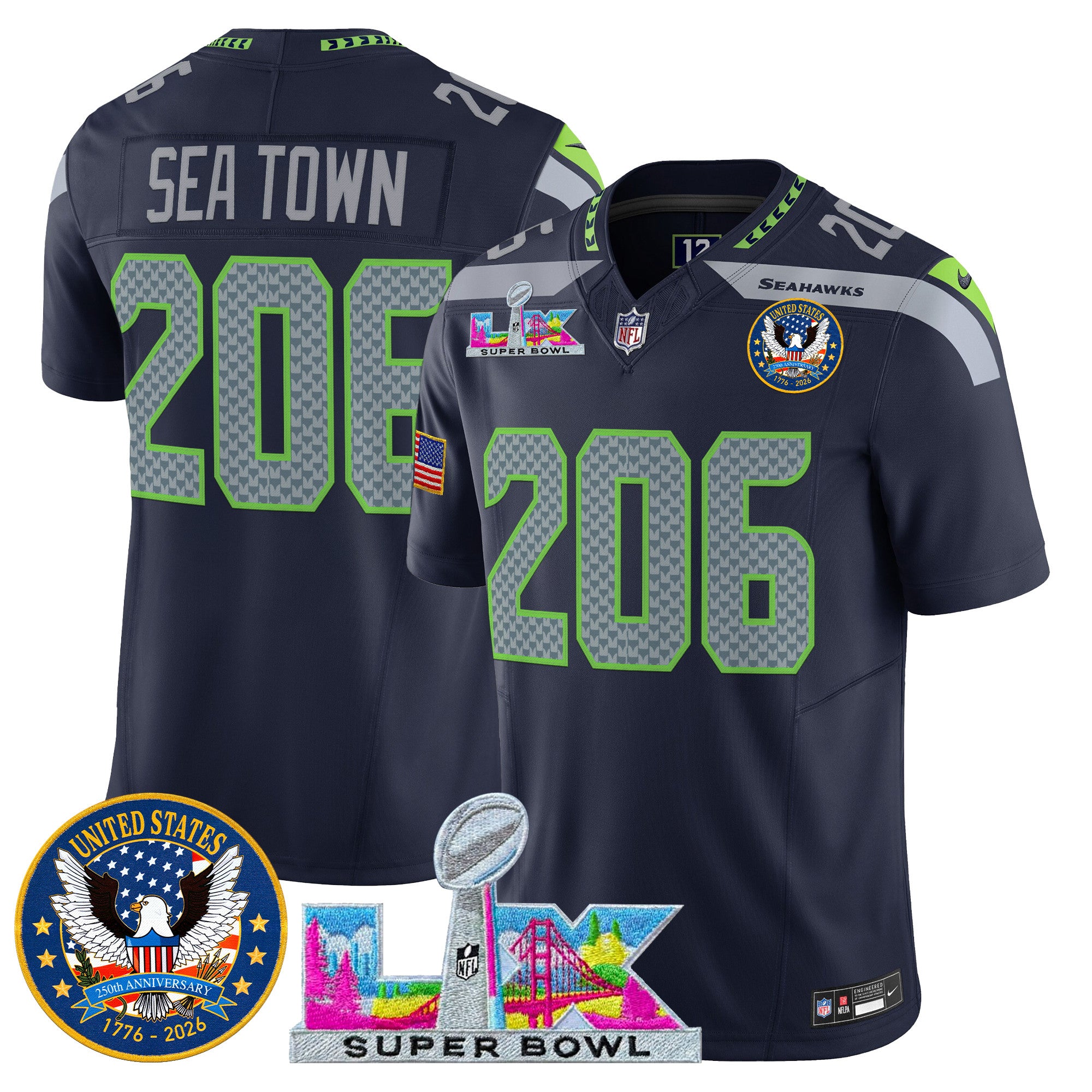 Men's Seattle Seahawks "Super Bowl LX & United States 250th Patch" Vapor Limited Jersey - All Stitched
